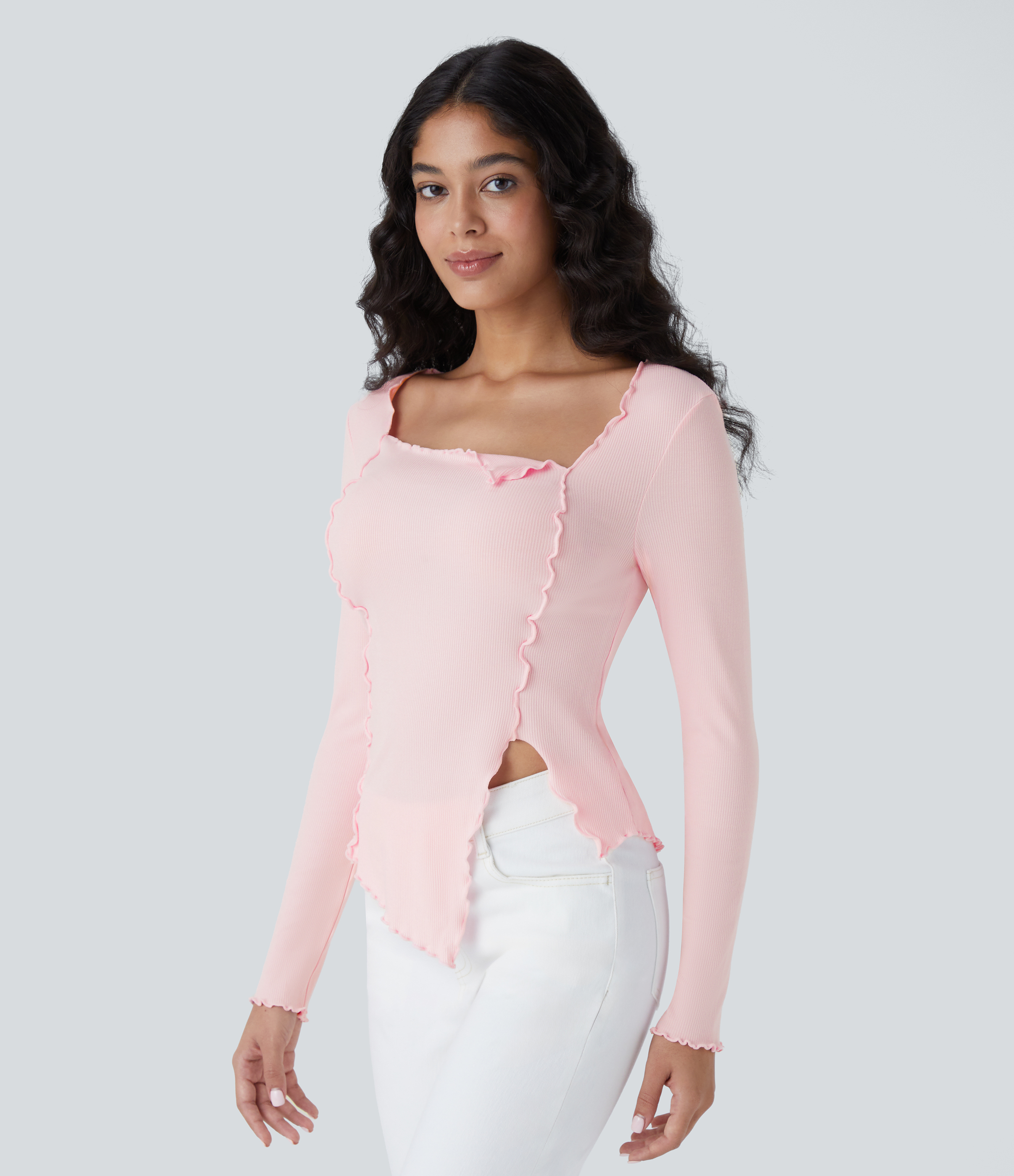 Halara Ribbed Knit Square Neck Lettuce Trim Asymmetrical Hem Slim Casual Top  - Rose Haze Pink - M 