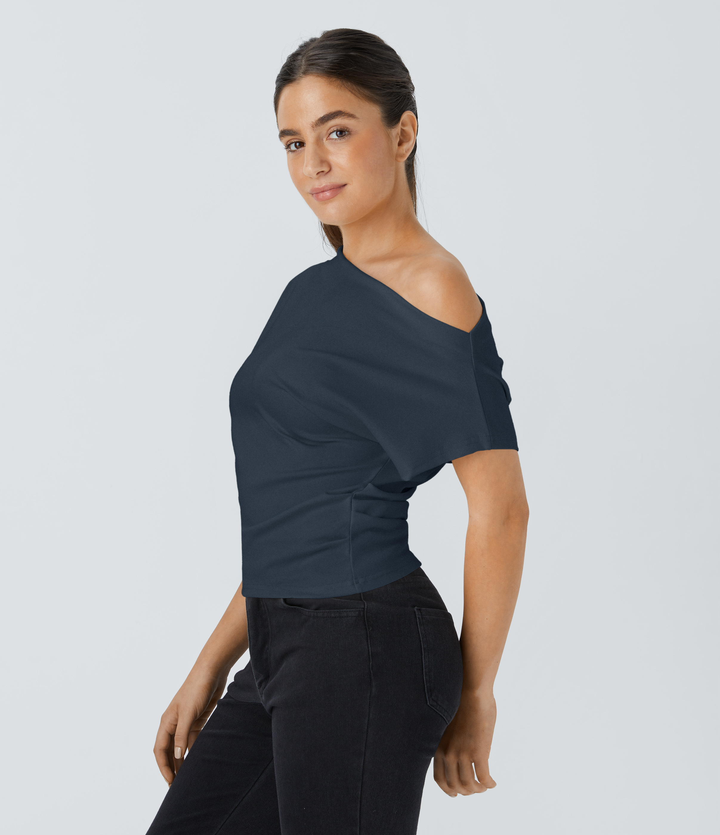 Halara Off Shoulder Short Sleeve Ruched Casual Cotton Top Tank Top - Sea Storm - XL golf tops halter top tunic tops sleeveless tops 