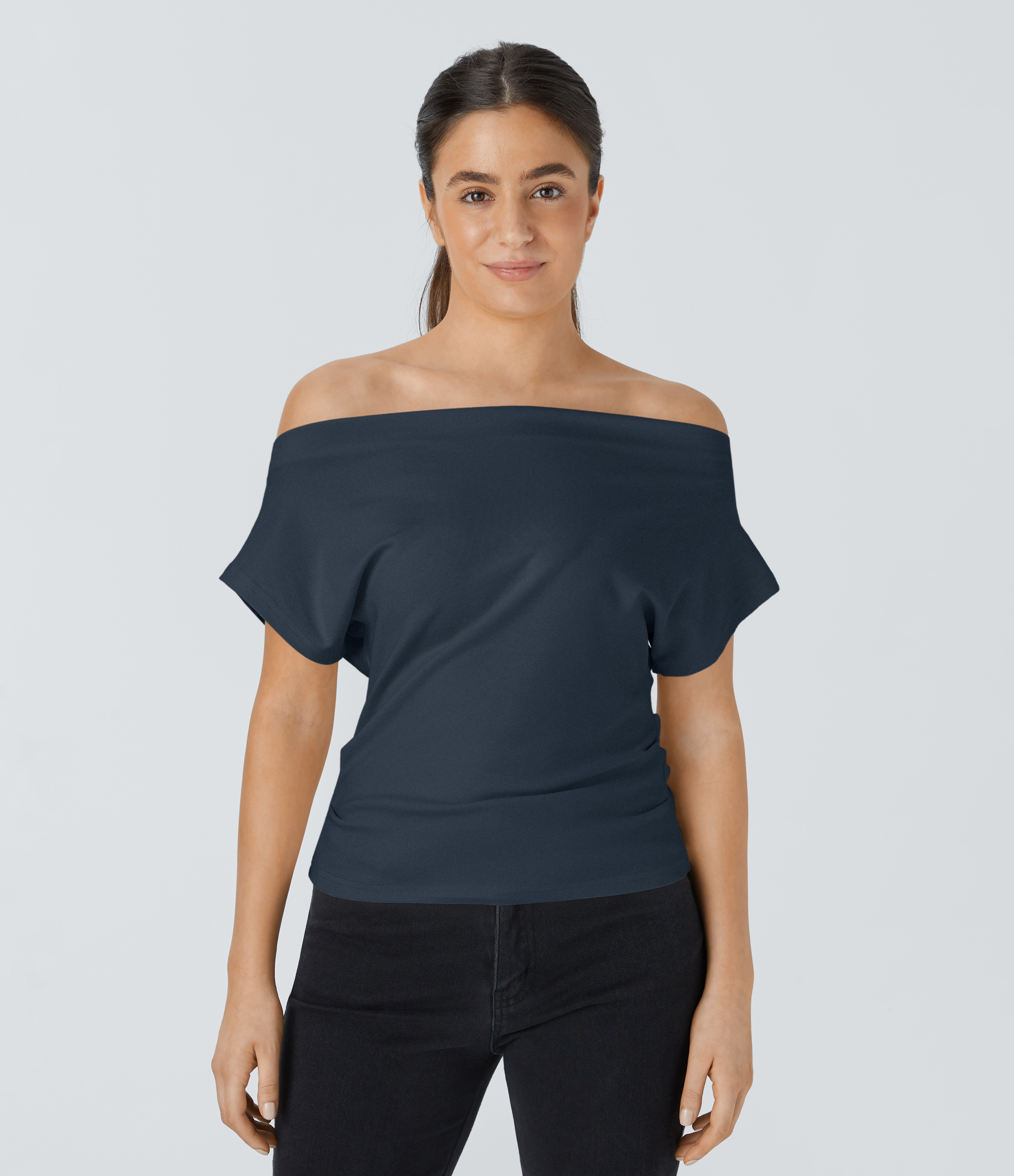 Halara Off Shoulder Short Sleeve Ruched Casual Cotton Top Tank Top - Sea Storm - XL golf tops halter top tunic tops sleeveless tops 