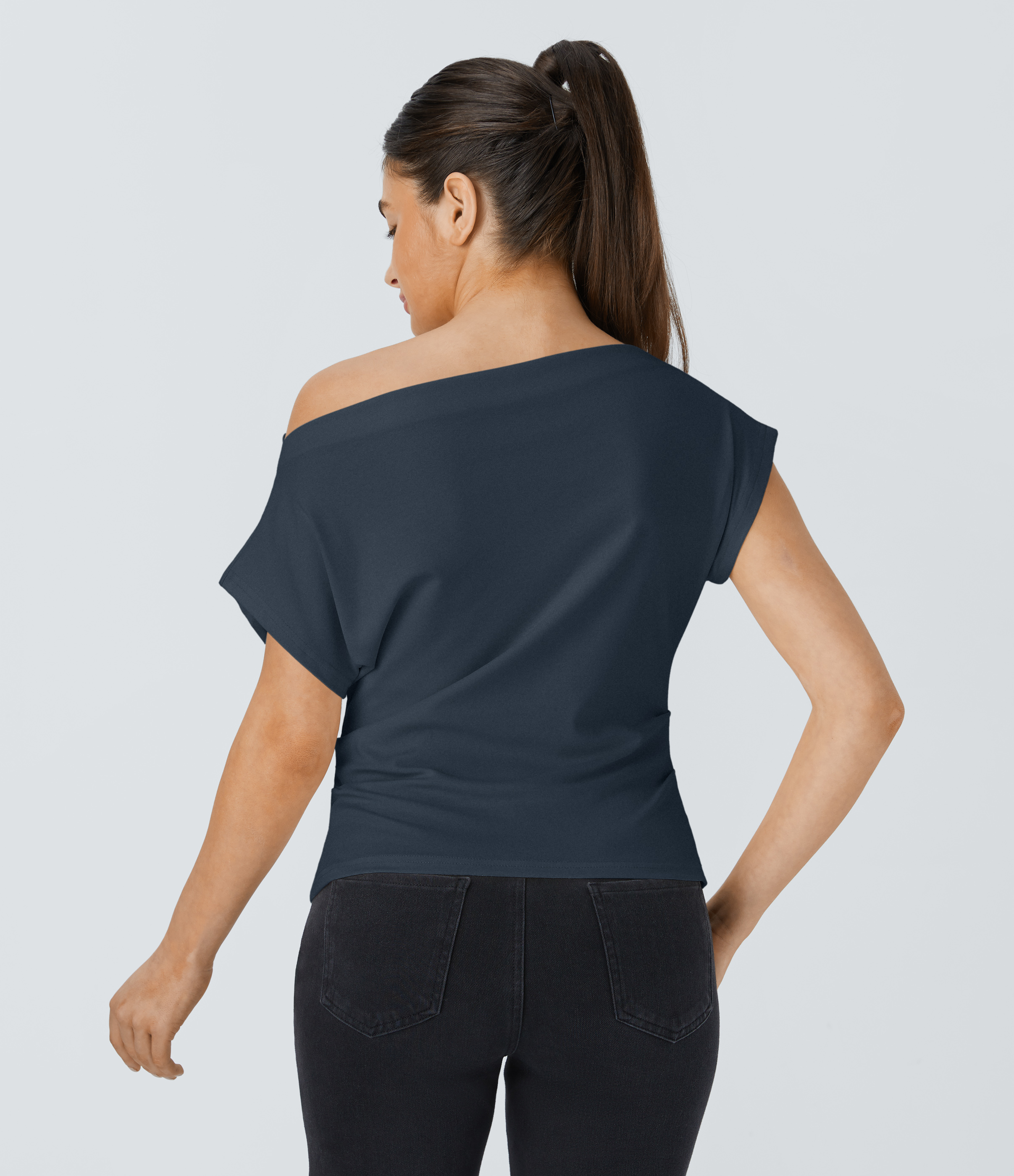 Halara Off Shoulder Short Sleeve Ruched Casual Cotton Top Tank Top - Sea Storm - XL golf tops halter top tunic tops sleeveless tops 
