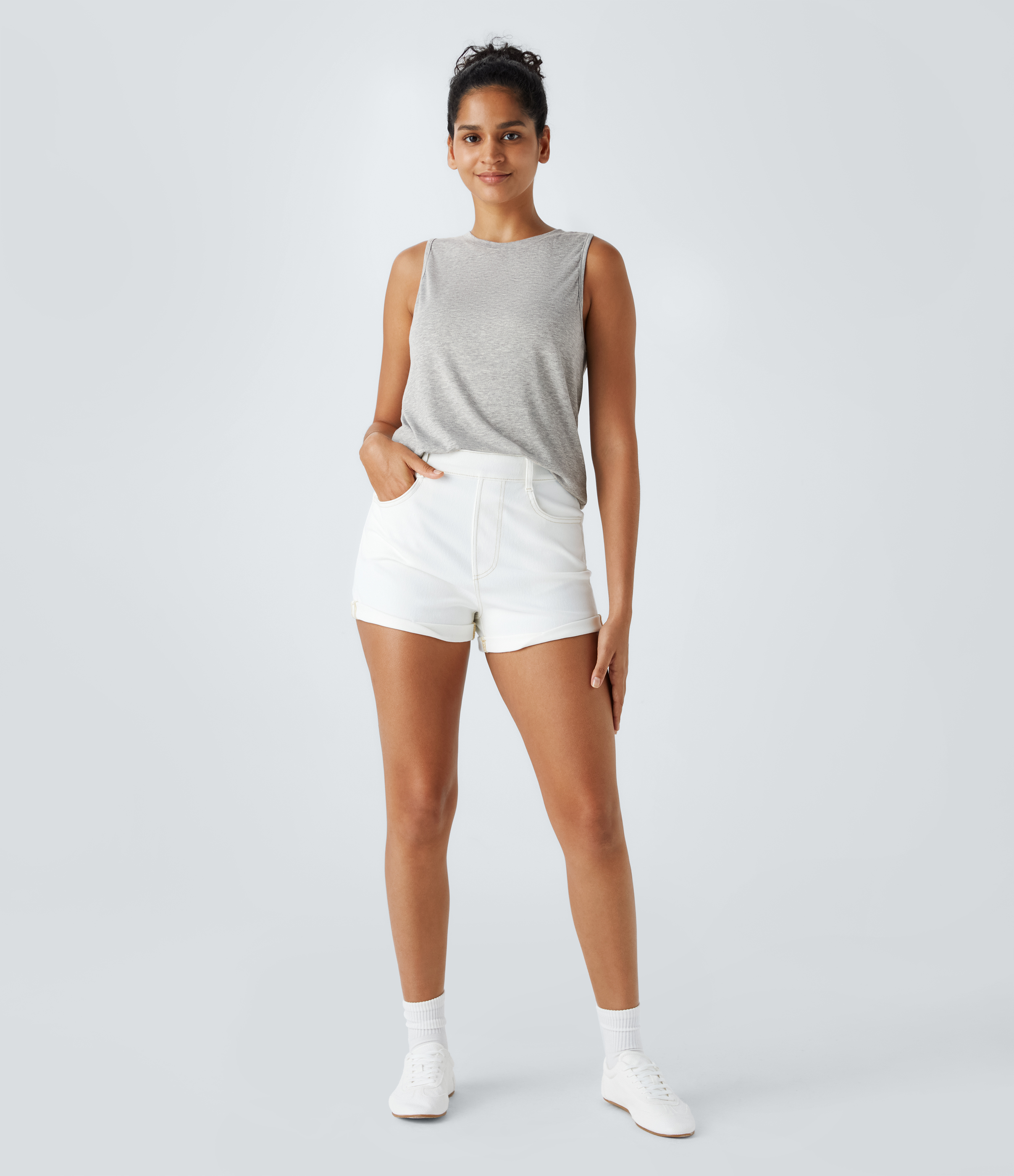 Halara Ribbed Round Neck Basic Casual Tank Top Tank Top - Fog Gray - XL golf tops halter top tunic tops sleeveless tops backless top 