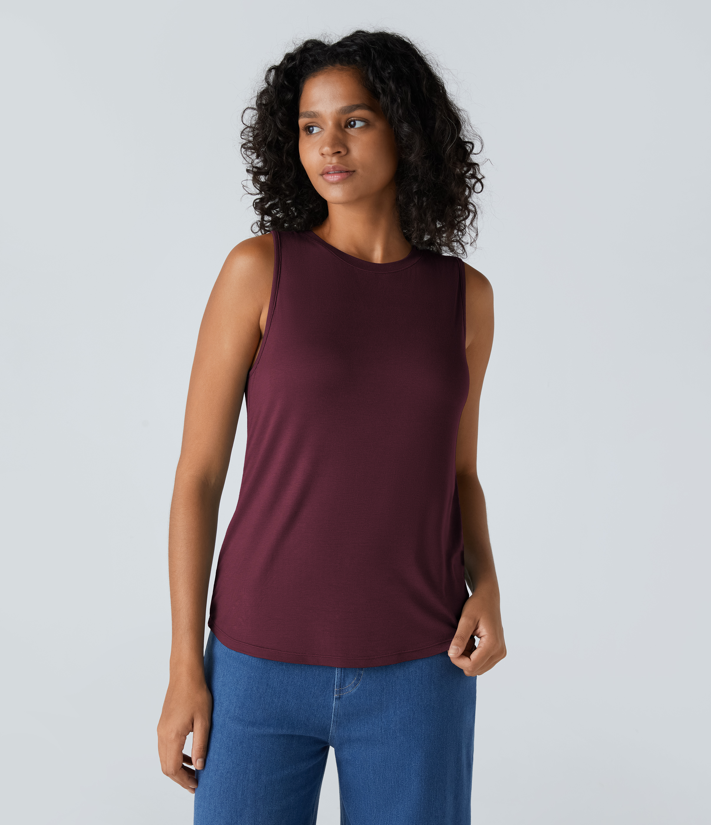 Halara Ribbed Round Neck Basic Casual Tank Top Tank Top - Maroon Banner - L golf tops halter top tunic tops sleeveless tops backless top 