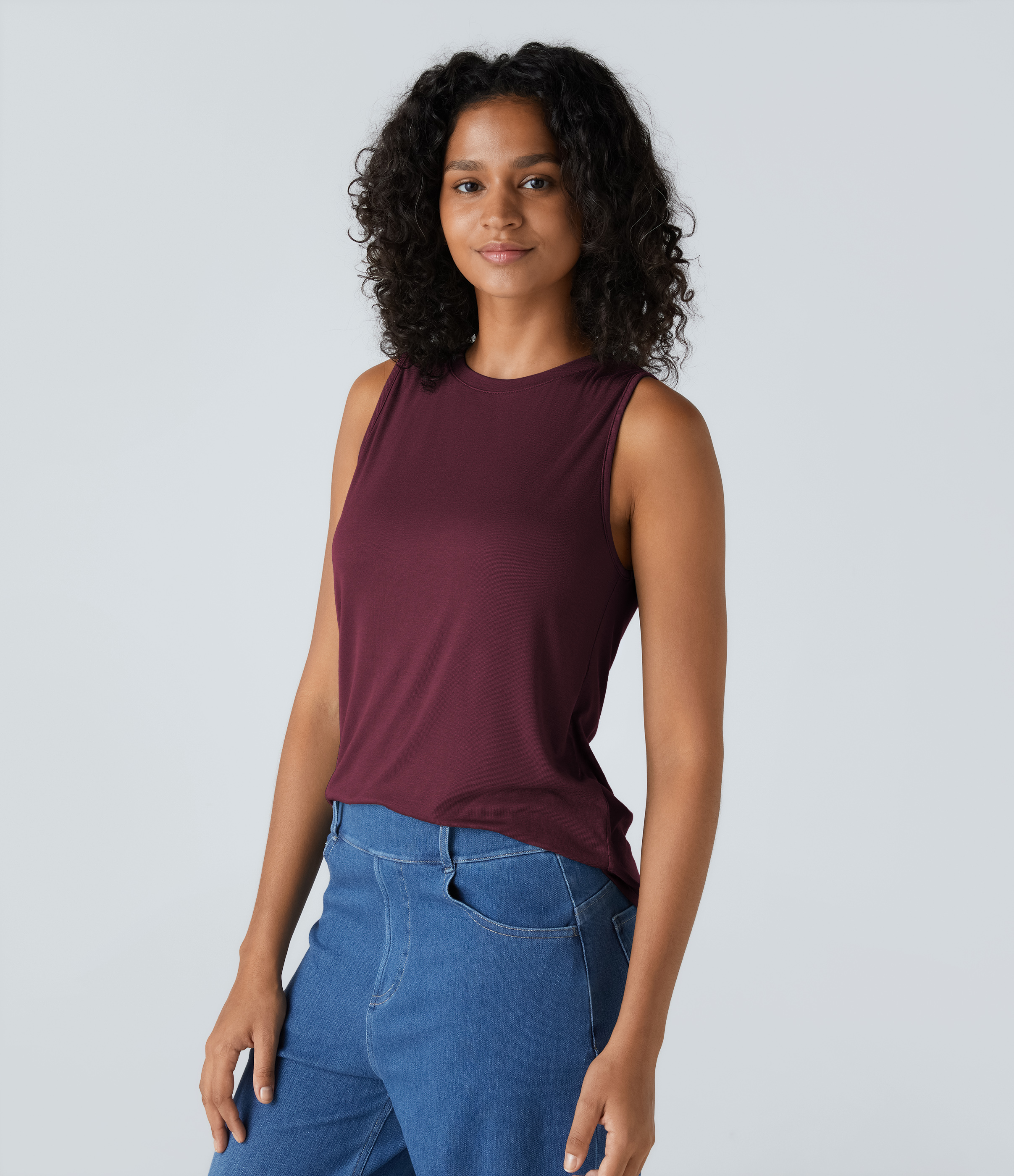 Halara Ribbed Round Neck Basic Casual Tank Top Tank Top - Maroon Banner - L golf tops halter top tunic tops sleeveless tops backless top 
