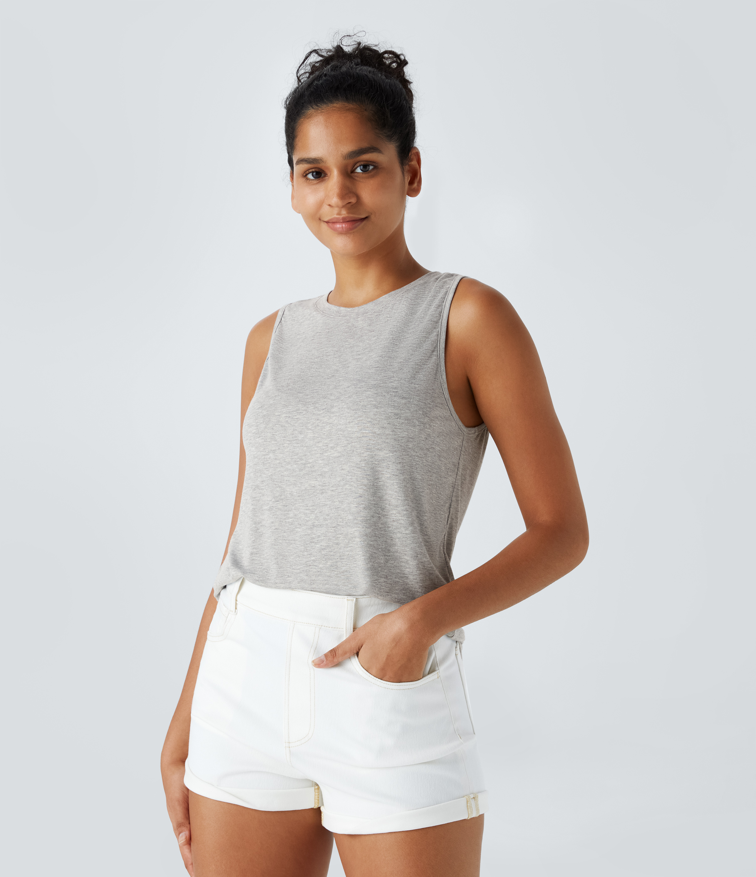 Halara Ribbed Round Neck Basic Casual Tank Top Tank Top - Fog Gray - XL golf tops halter top tunic tops sleeveless tops backless top 