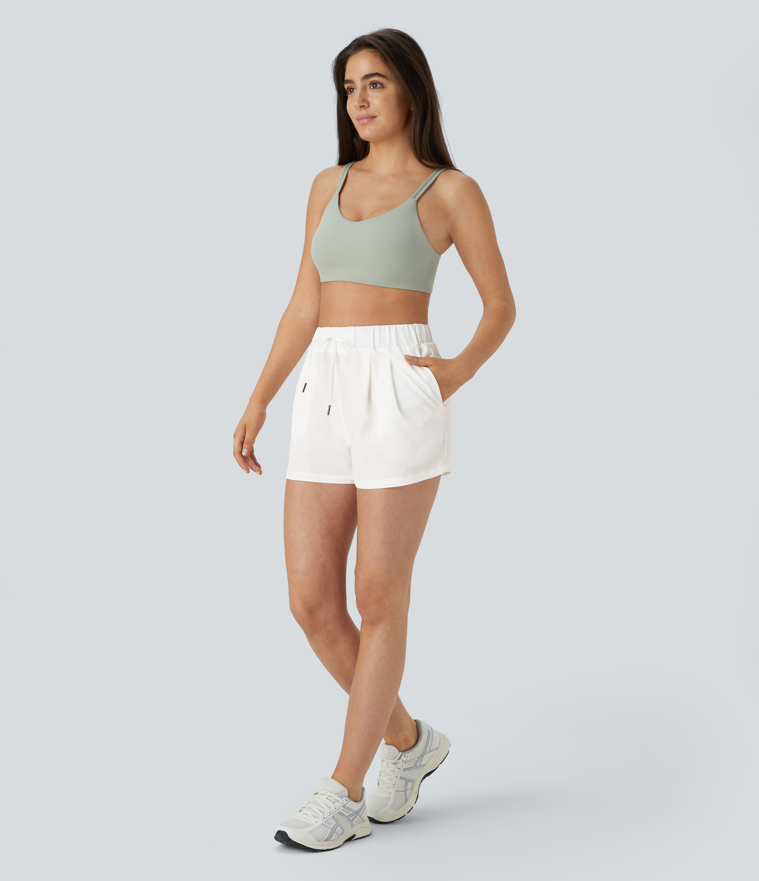 Halara High Waisted Elastic Waistband Drawstring Ruched Side Pocket Casual Shorts 3