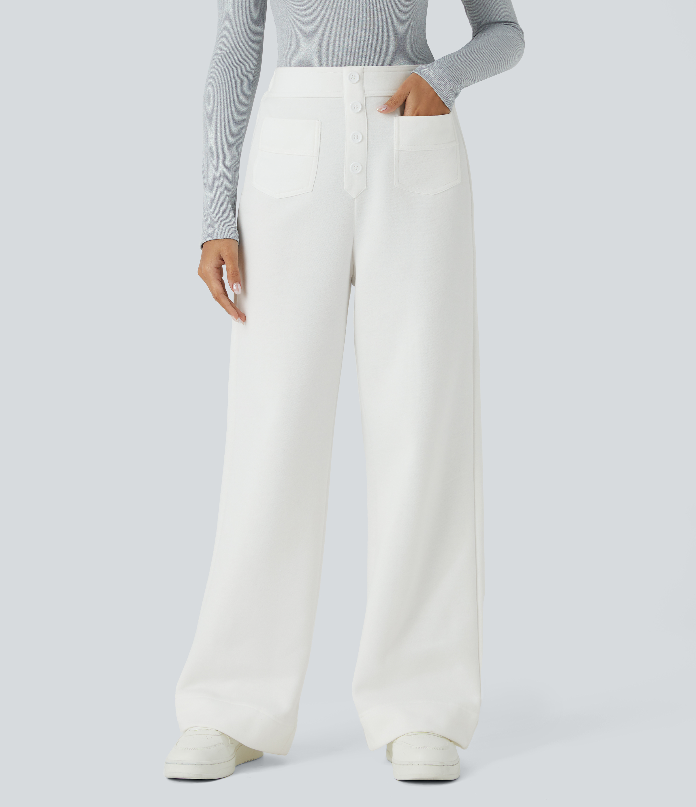 Pantalon décontracté en polaire à taille haute, avec poches et coupe droite