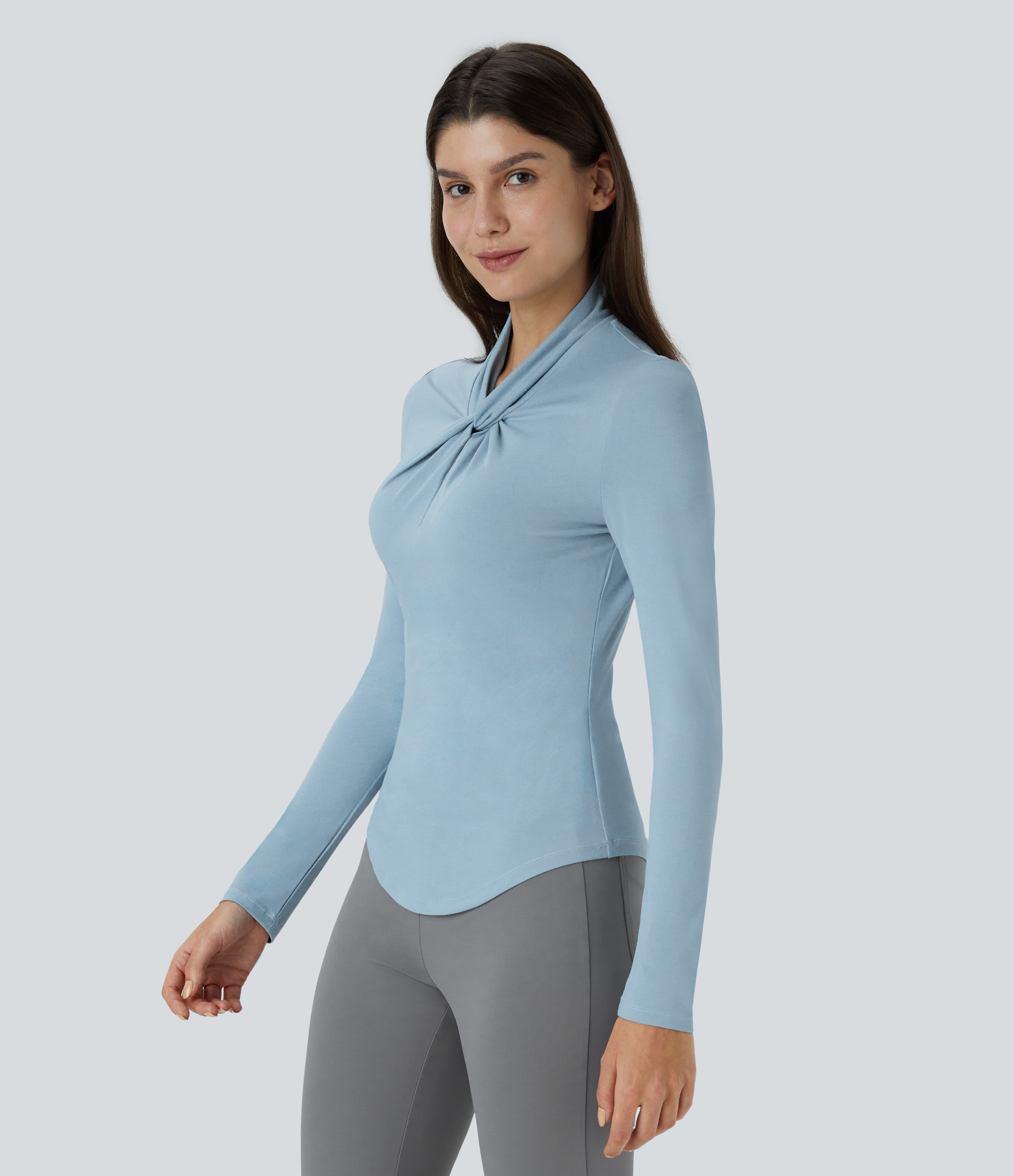 Halara Twisted Cut Out Neck Long Sleeve Curved Hem Work Top Tank Top - Moon ice blue - M golf tops halter top tunic tops sleeveless tops 