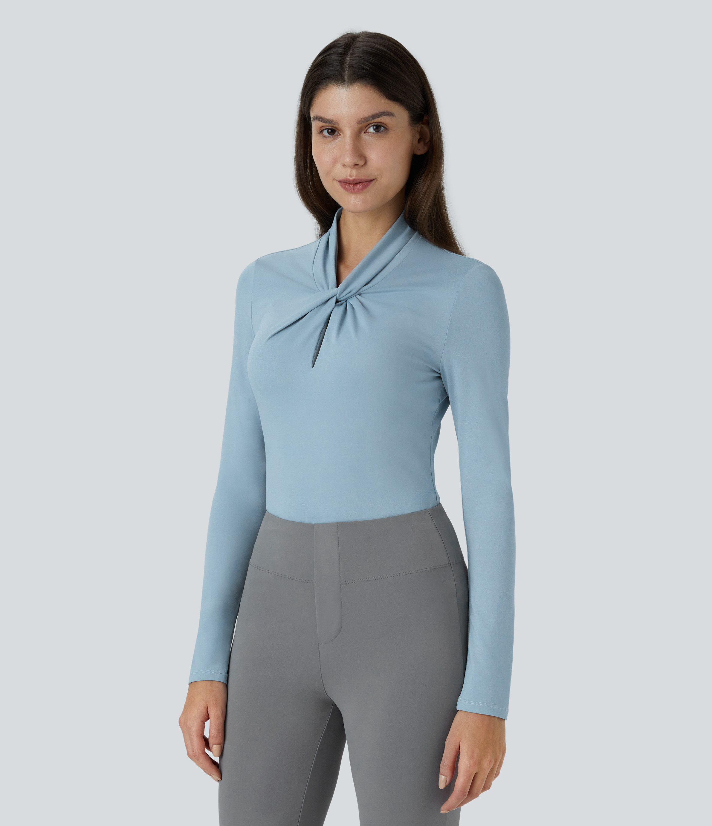 Halara Twisted Cut Out Neck Long Sleeve Curved Hem Work Top Tank Top - Moon ice blue - M golf tops halter top tunic tops sleeveless tops 