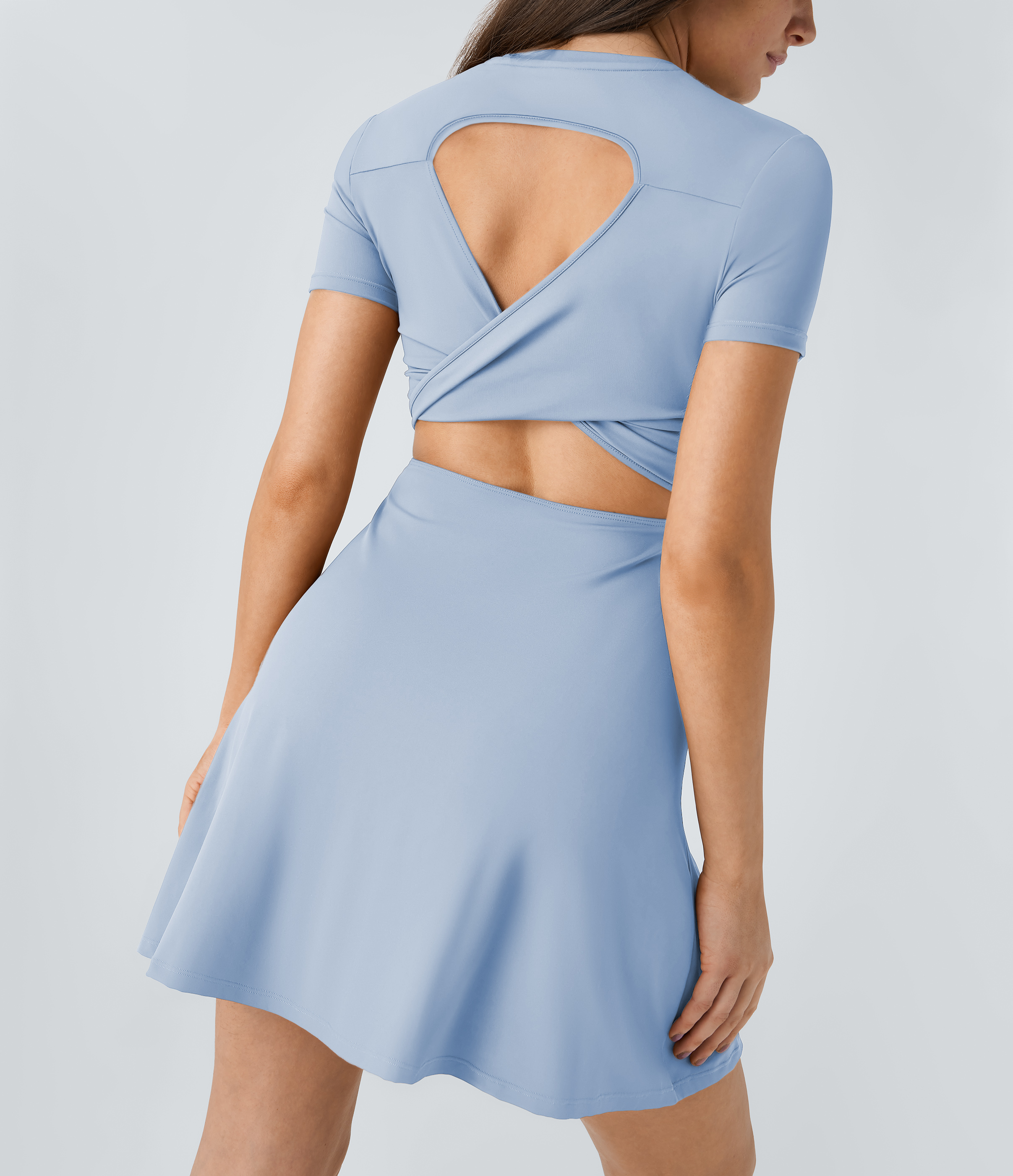 Halara Backless Twisted Cut Out Flare Mini Dance Active Dress Workout Dress - Light Grey Blue - S 