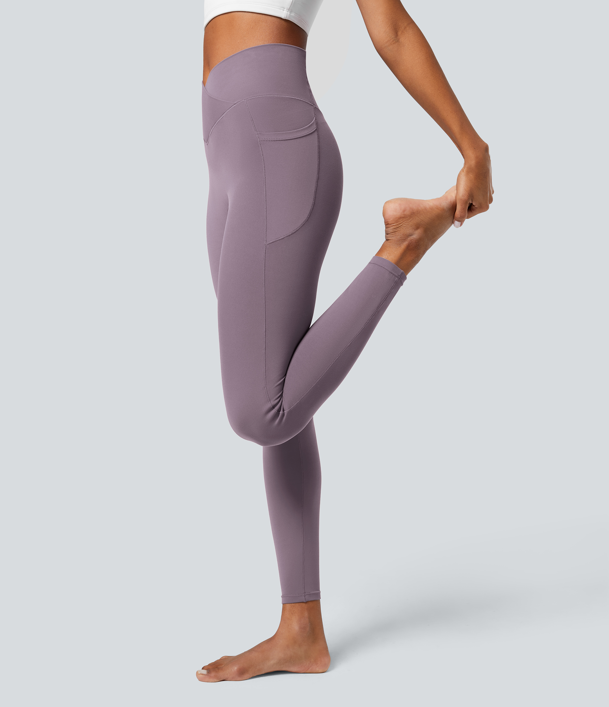Halara CloudfulВ® Crossover Pocket Plain Leggings  - Lupine - XS(full_length) gym leggings leggings with pockets leggings with butt lift 