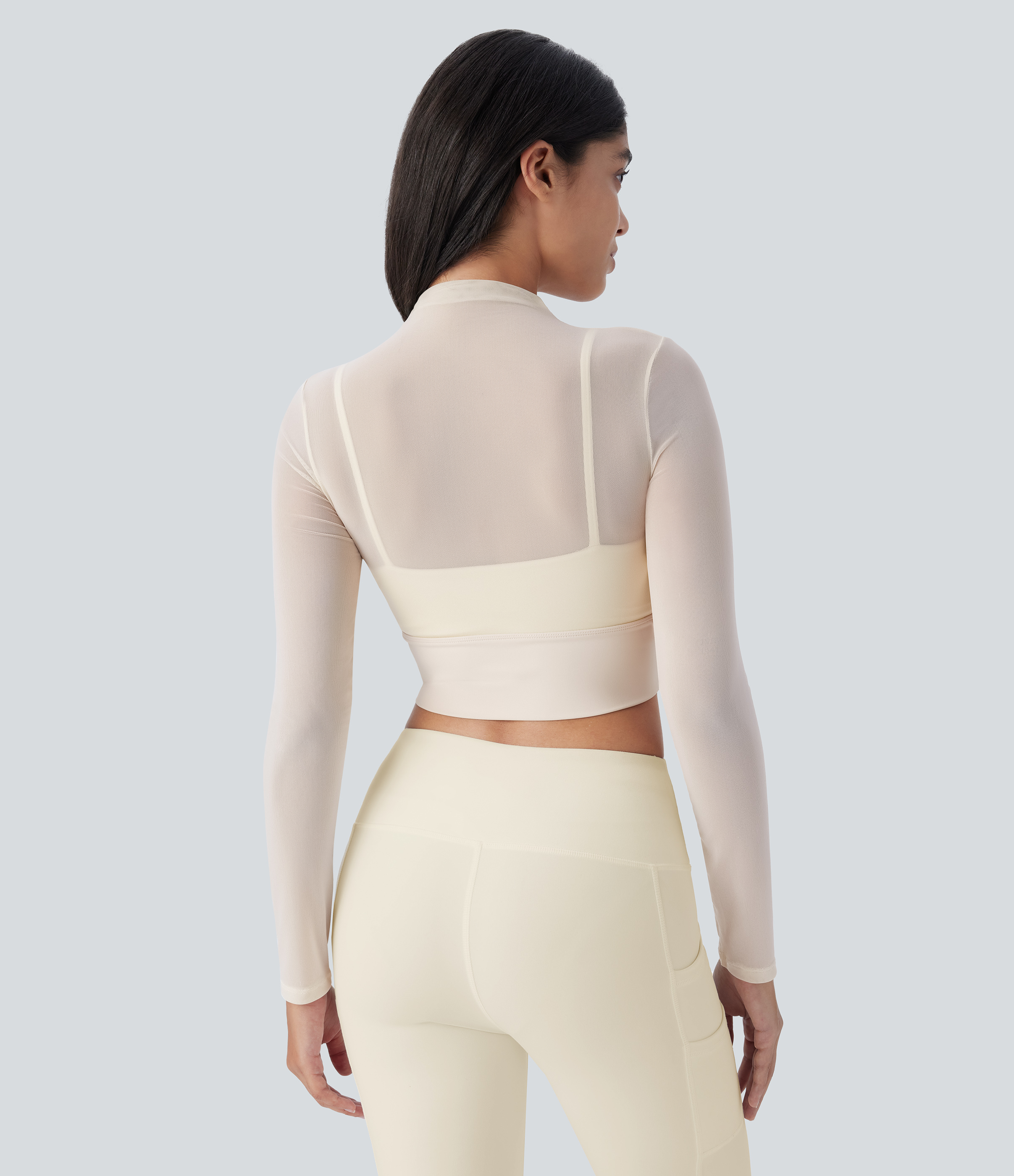 Halara Contrast Mesh Long Sleeve 2-in-1 Cropped Workout Sports Top  - Antique White - M 