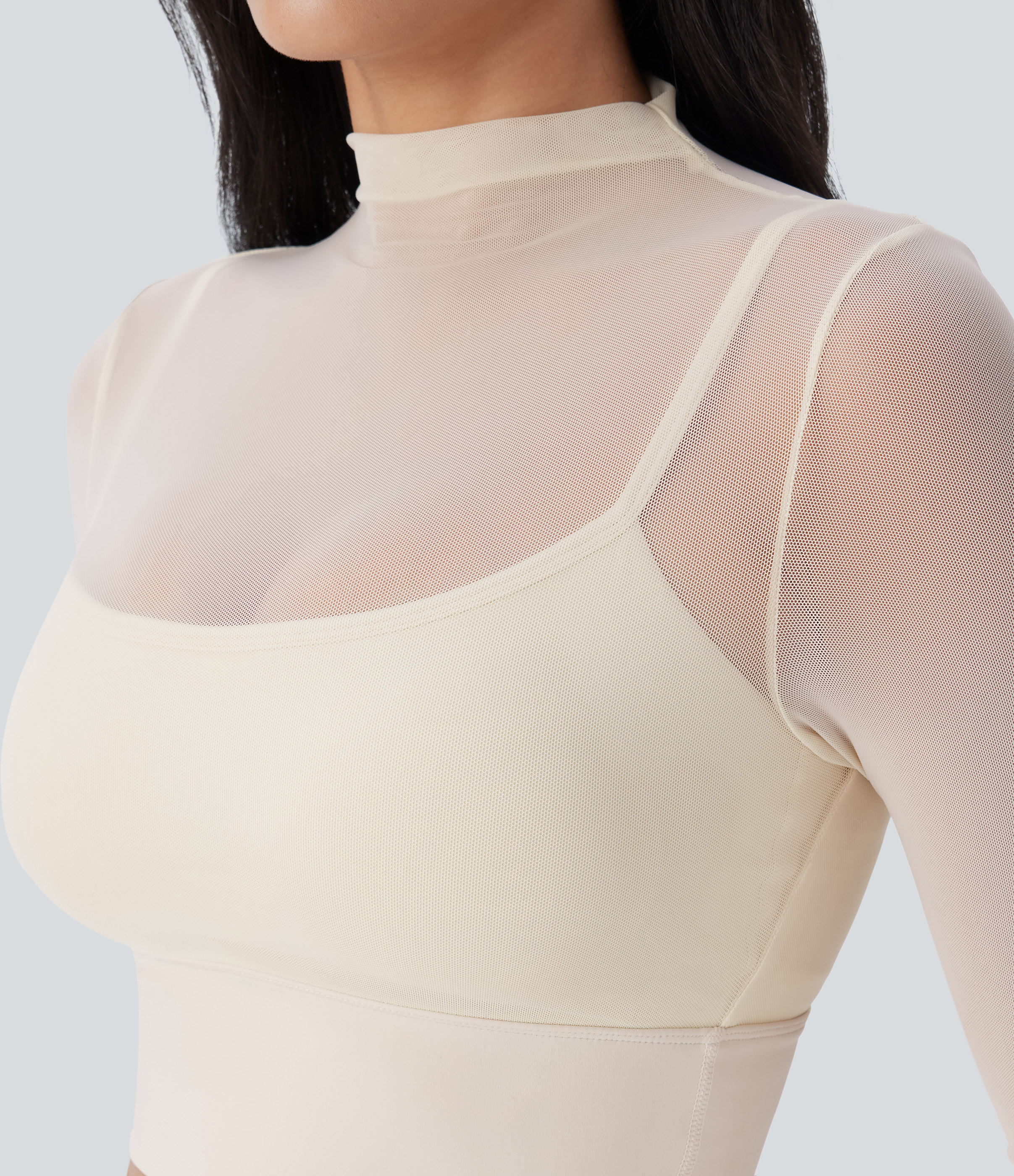 Halara Contrast Mesh Long Sleeve 2-in-1 Cropped Workout Sports Top  - Antique White - M 