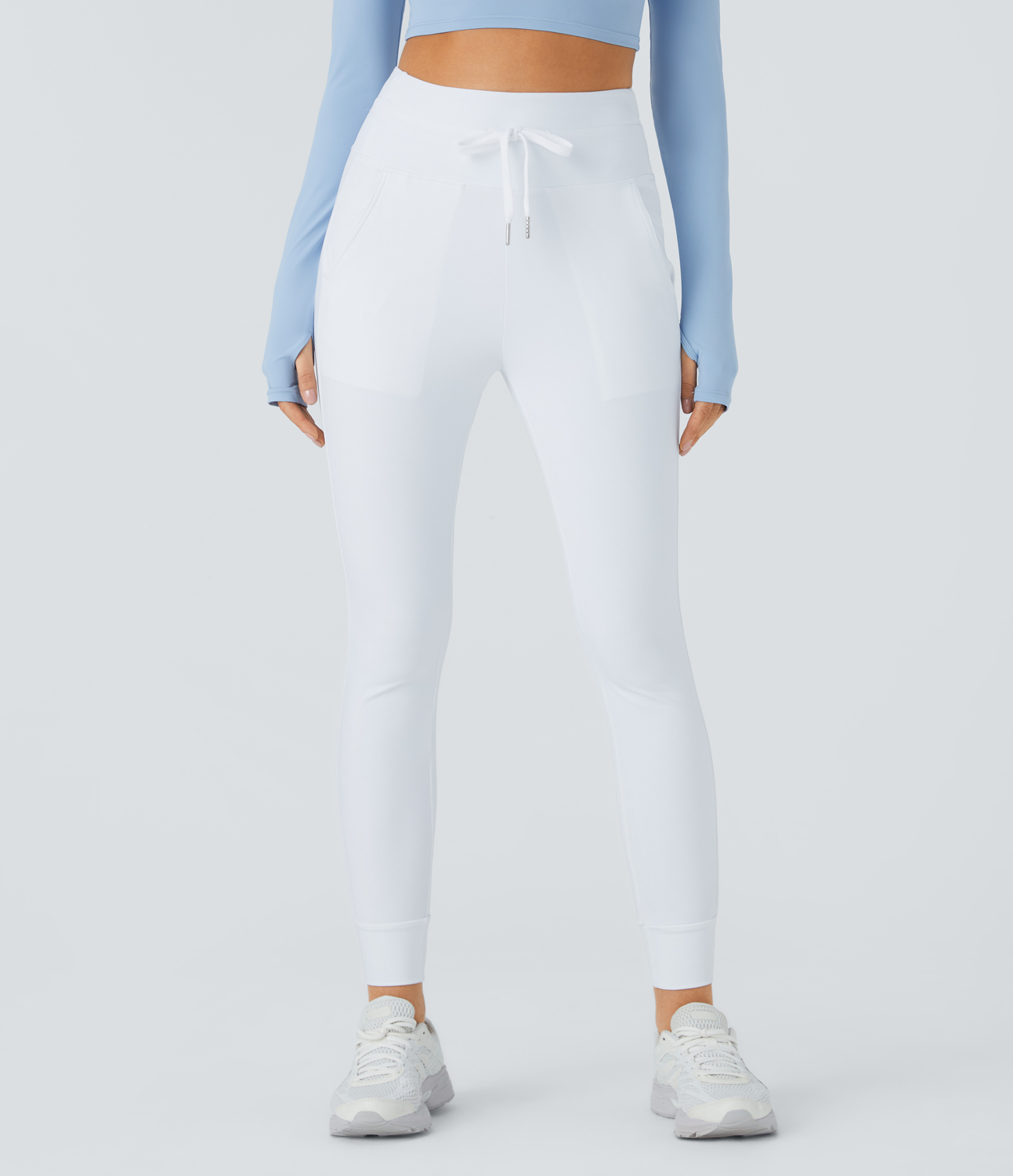 Halara Cloudfulв„ў Air Fabric High Waisted Drawstring Side Pocket Plain Cool Touch Full Length Joggers  - White - L(petite) 