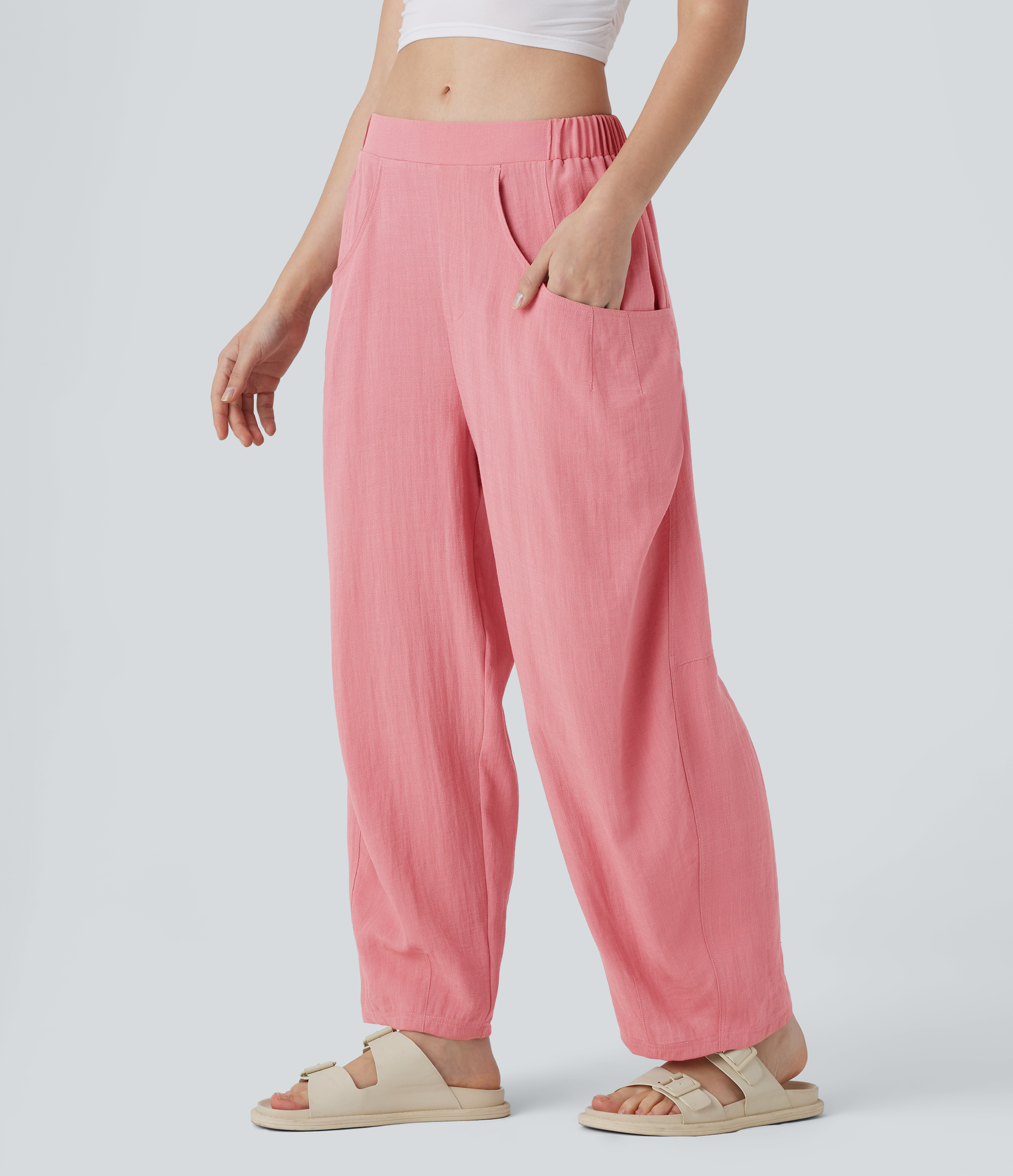Halara High Waisted Side Pocket Barrel Leg Casual Linen-Feel Pants  - Rosette - S(regular) sweatpants jogger pants stacked sweatpants 