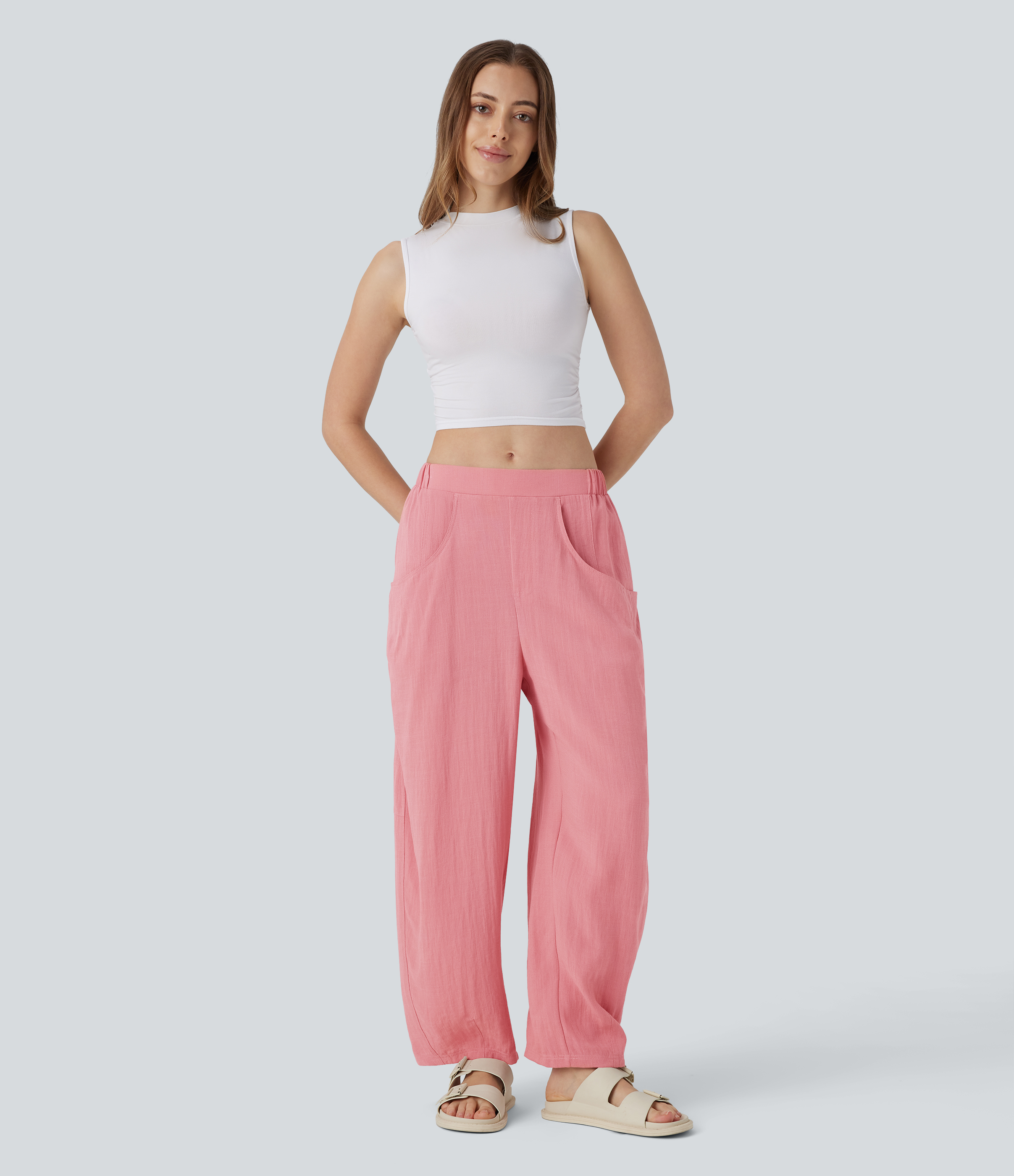 Halara High Waisted Side Pocket Barrel Leg Casual Linen-Feel Pants  - Rosette - S(regular) sweatpants jogger pants stacked sweatpants 