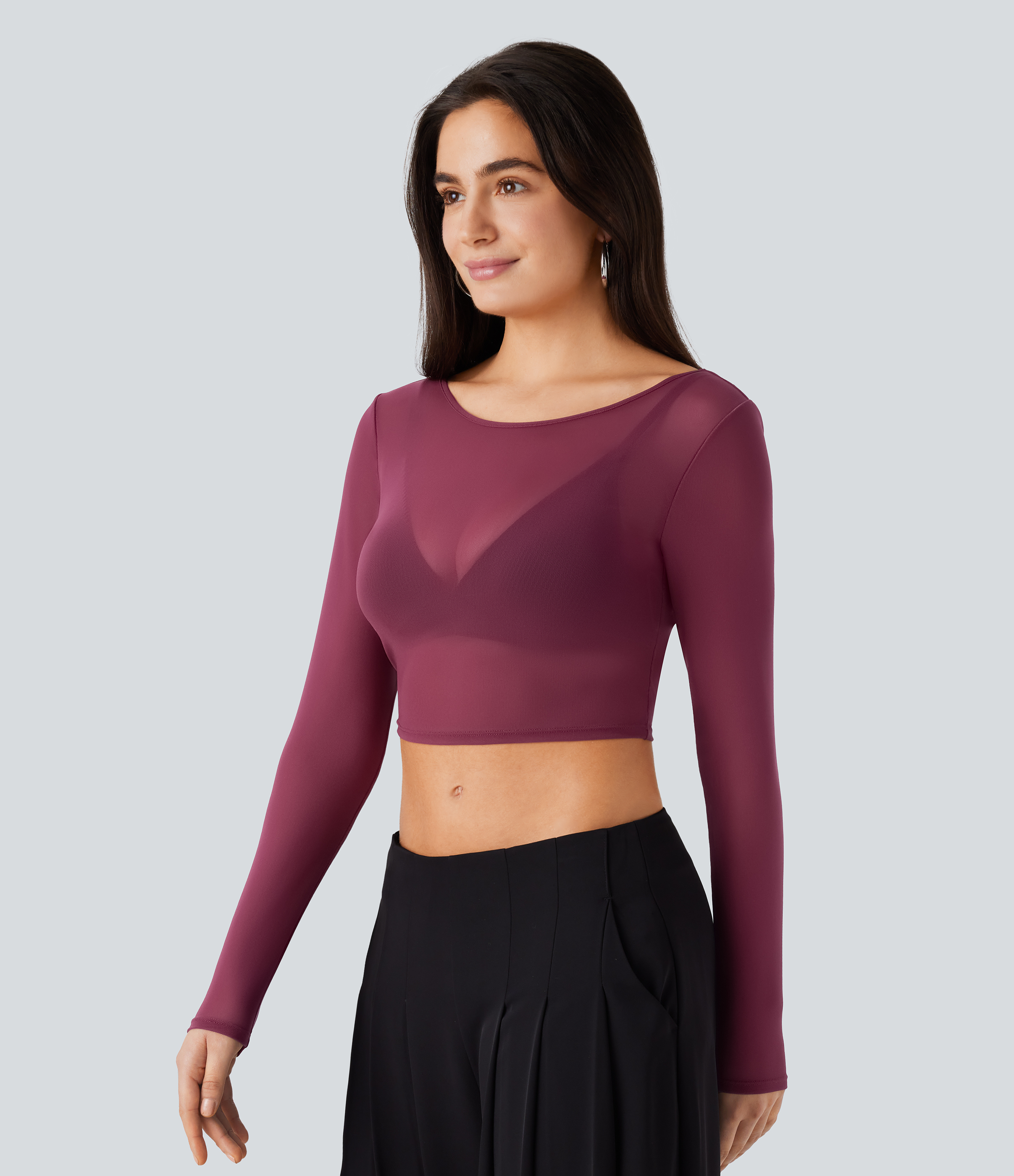 Halara Boat Neck Long Sleeve Sheer Mesh Cropped Party Top Tank Top - Oxblood Red - S golf tops halter top tunic tops sleeveless tops 