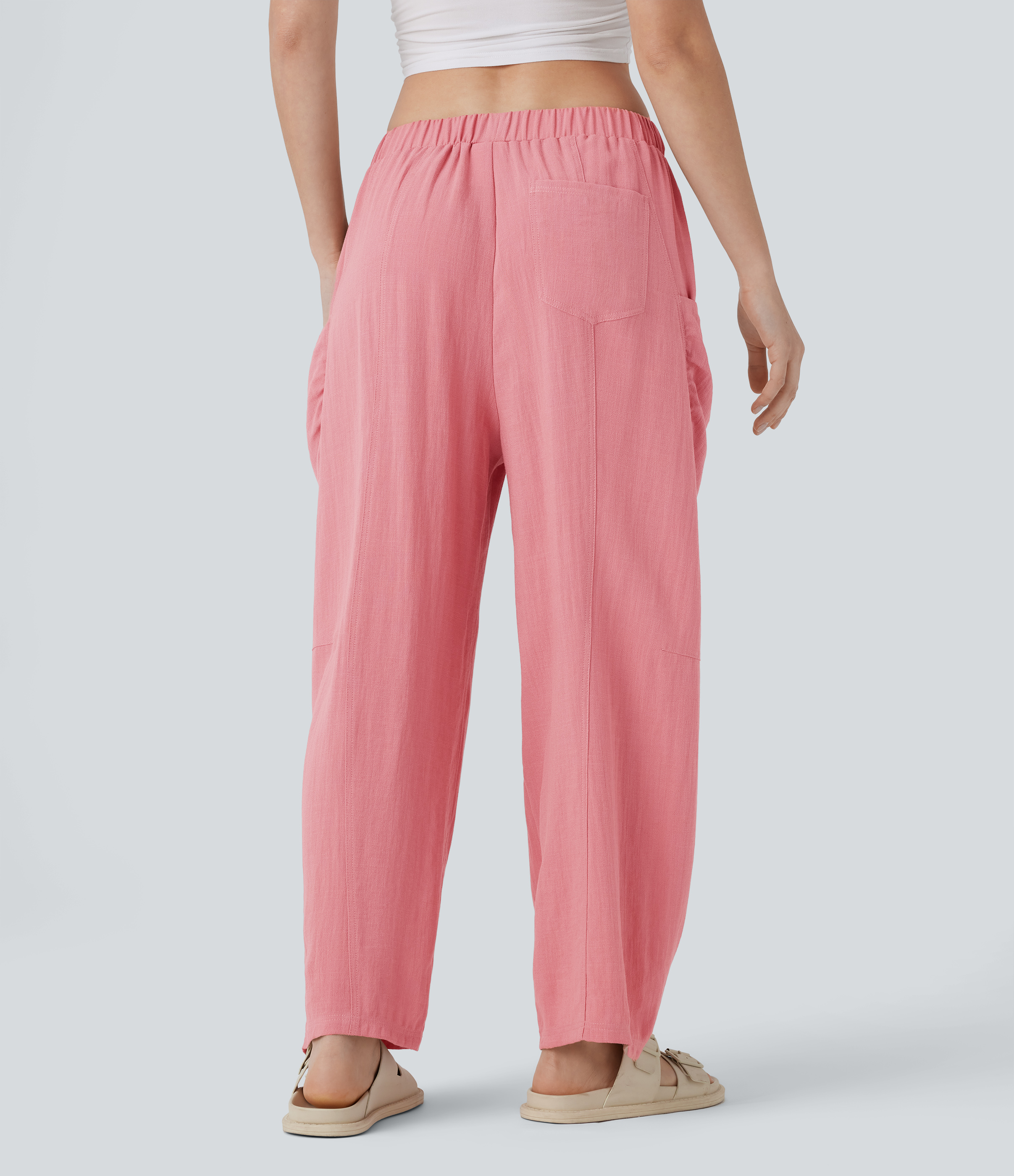 Halara High Waisted Side Pocket Barrel Leg Casual Linen-Feel Pants  - Rosette - S(regular) sweatpants jogger pants stacked sweatpants 