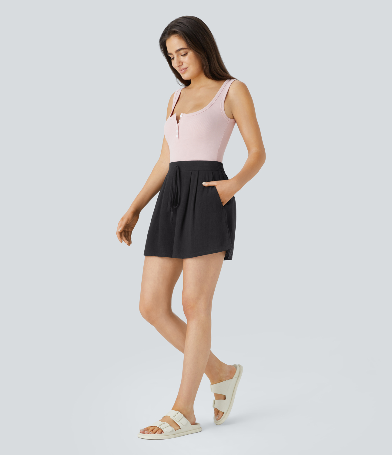 Halara High Waisted Decorative Drawstring Plicated Side Pocket Resort Linen-Blend Shorts  - Black - S 
