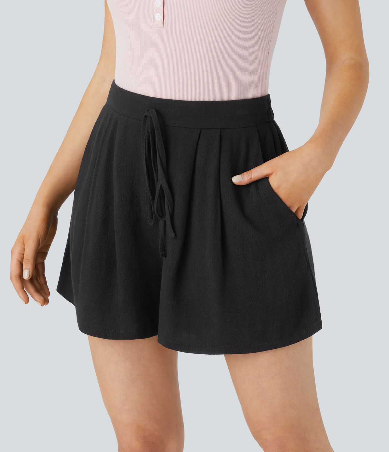 Halara High Waisted Decorative Drawstring Plicated Side Pocket Resort Linen-Blend Shorts  - Black - S 