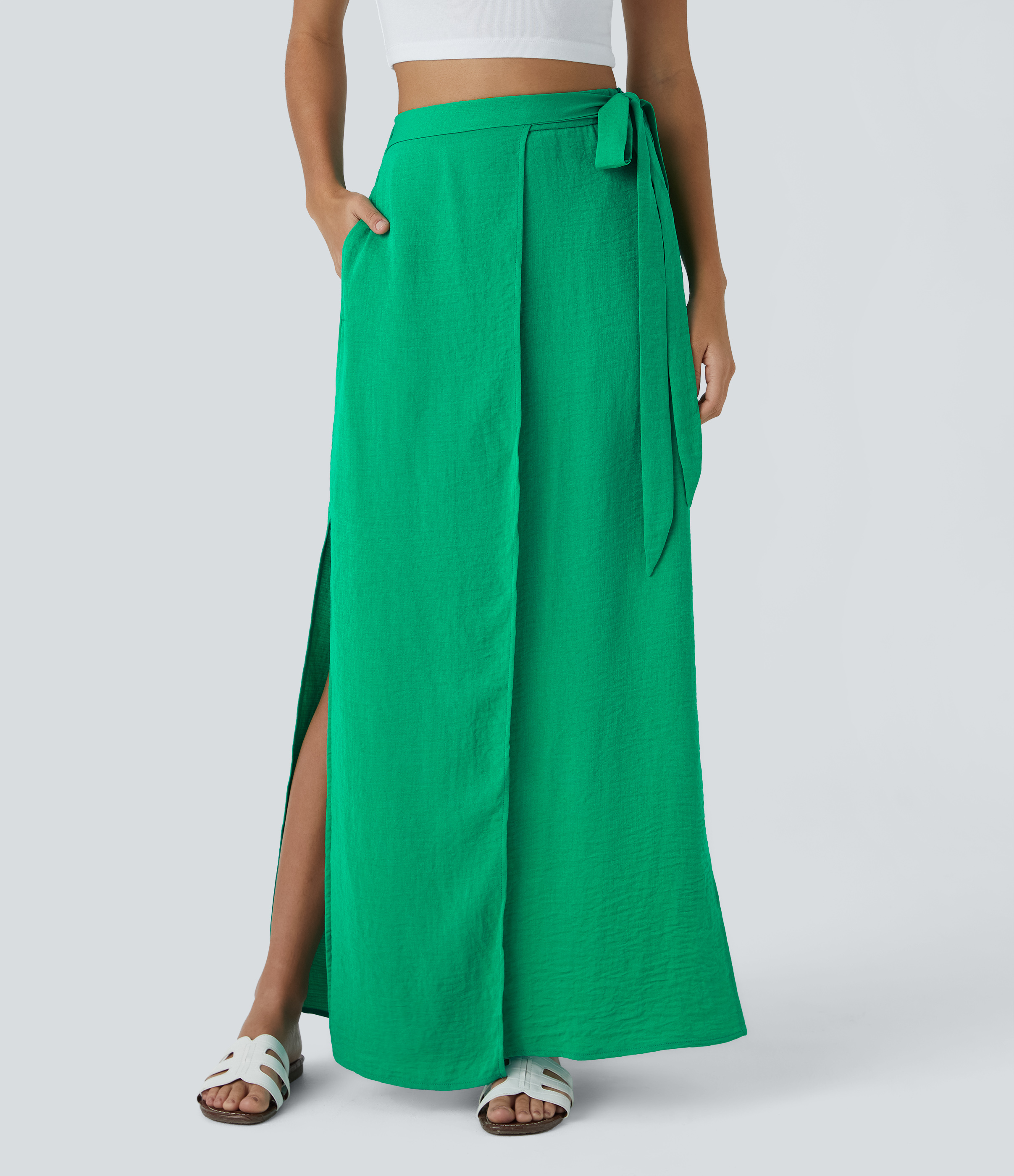 Halara High Waisted Wrapped Tie Side Pocket Split Flowy Maxi Casual Skirt  - Blarney - XS(regular) 