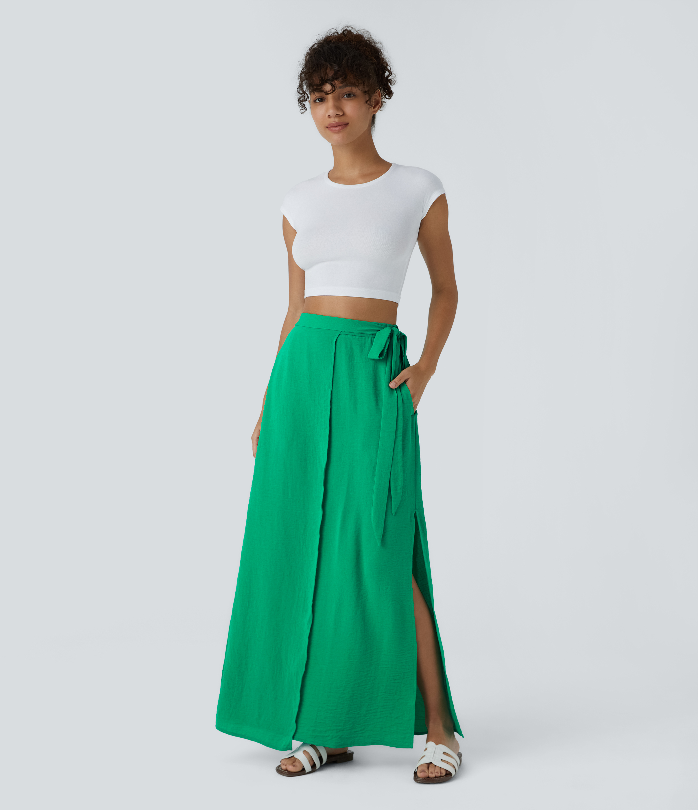 Halara High Waisted Wrapped Tie Side Pocket Split Flowy Maxi Casual Skirt  - Blarney - XS(regular) 