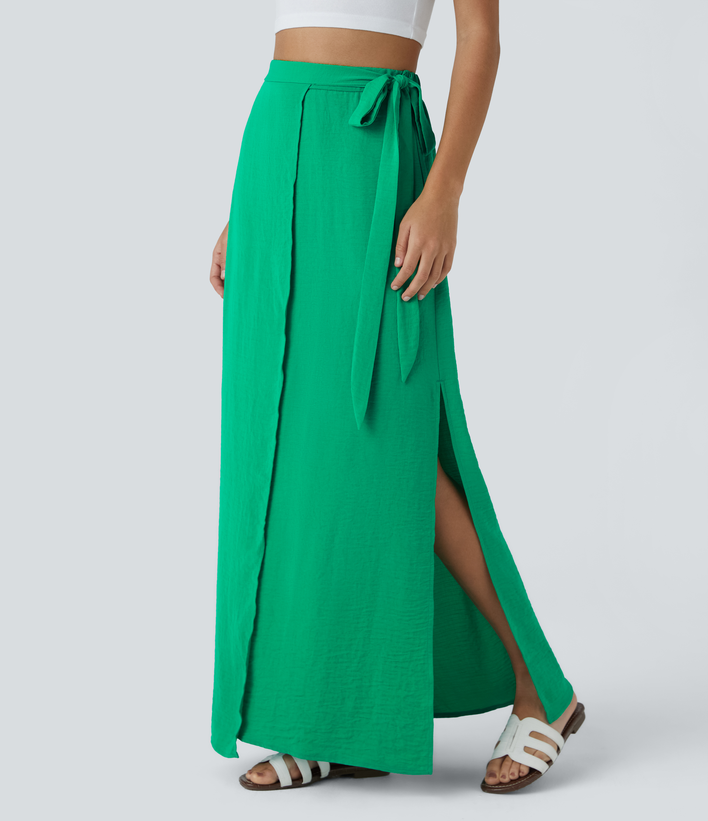 Halara High Waisted Wrapped Tie Side Pocket Split Flowy Maxi Casual Skirt  - Blarney - XS(regular) 