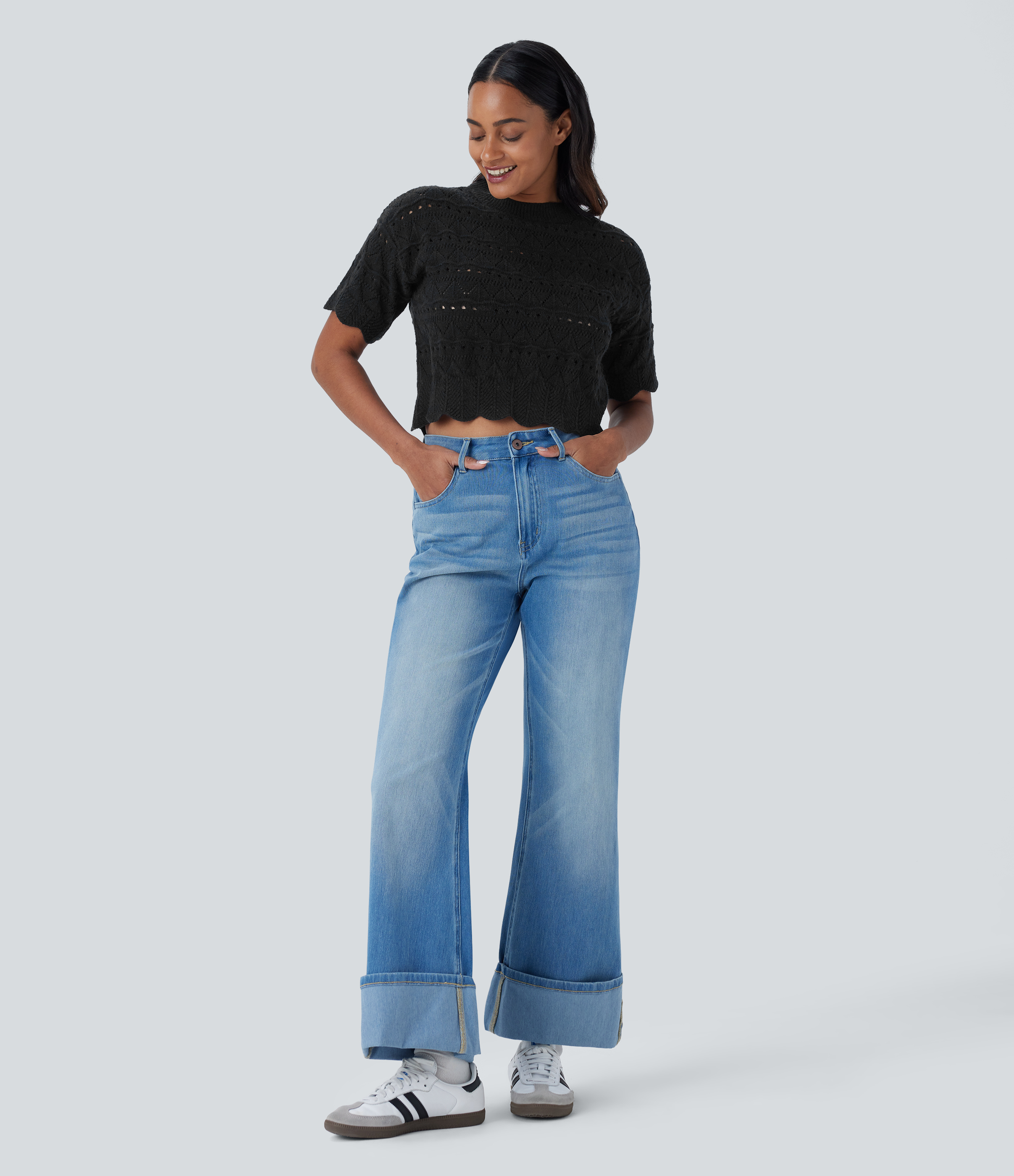 Halara Round Neck Short Sleeve Scallop Hem Open Knit Casual Sweater  - Black - M 