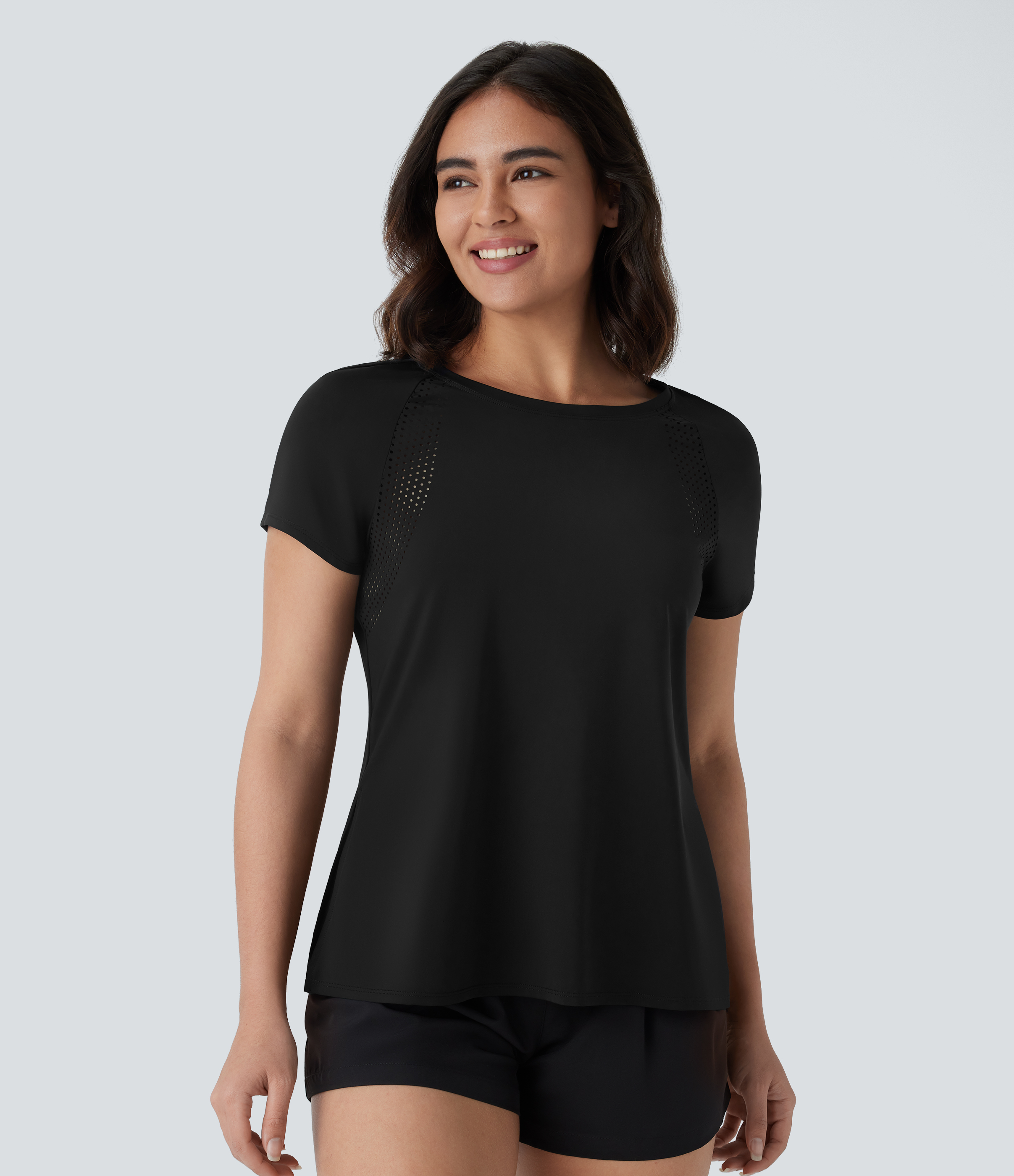 Halara Boat Neck Short Sleeve Cut Out Split Cool Touch Workout Sports Top  - Black - S 