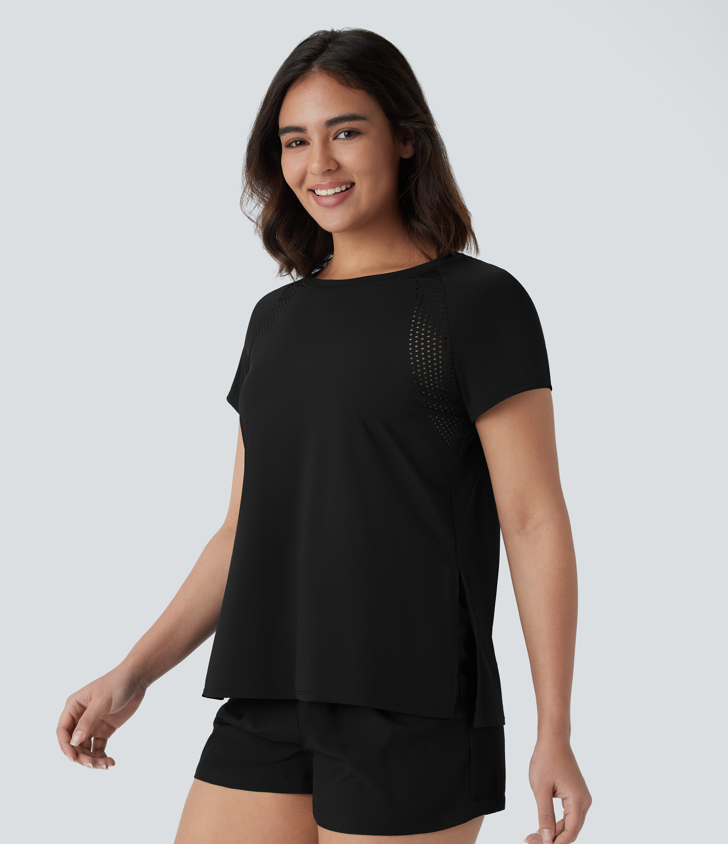 Halara Boat Neck Short Sleeve Cut Out Split Cool Touch Workout Sports Top  - Black - S 