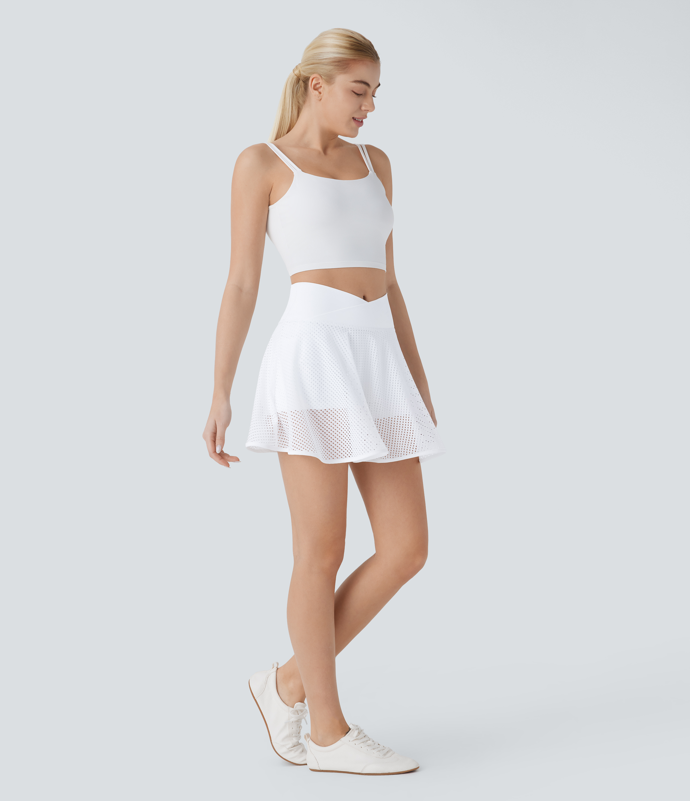 Halara Crossover High Waisted 2-in-1 Side Pocket Perforated Flare Mini Yoga Skirt  - White - XL(regular) midi skirt a line skirt 