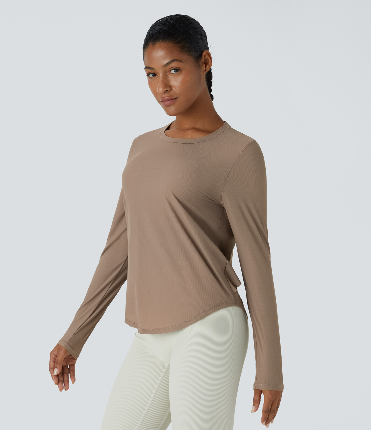 Halara Round Neck Curved Hem Contrast Mesh Yoga Sports Top  - Amphora - L 