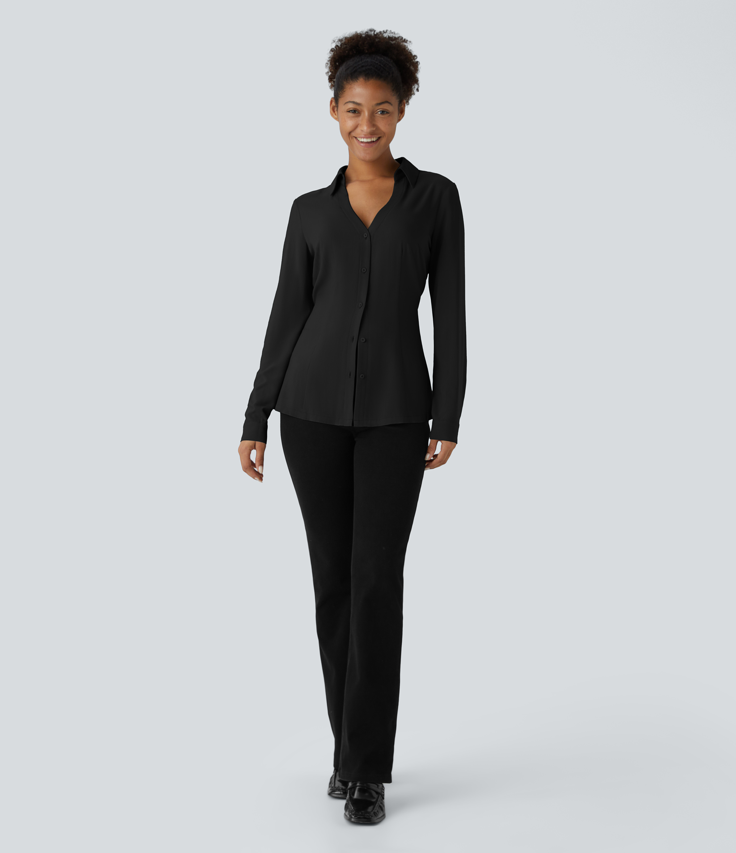 Halara V Neck Long Sleeve Button Slim Casual Shirt  - Black - XL 