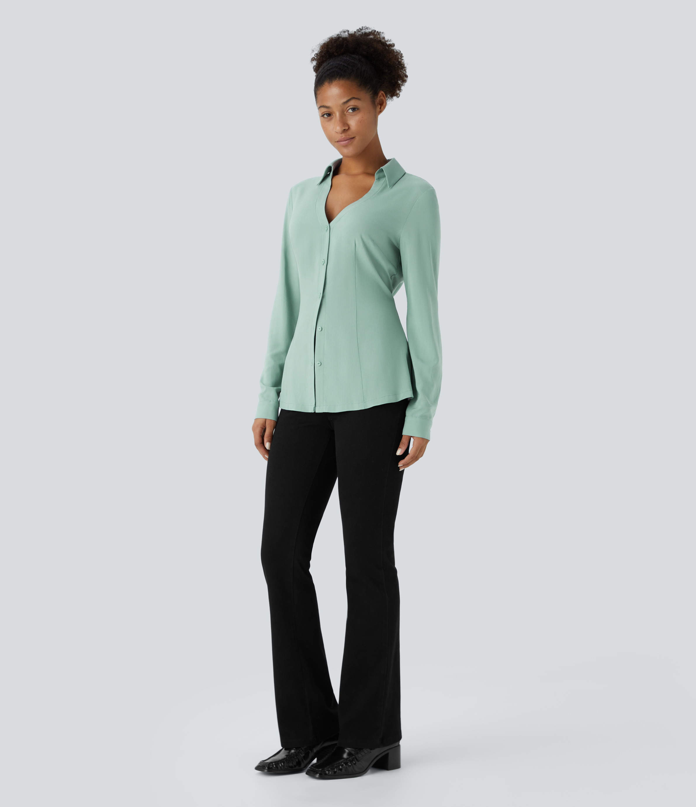 Halara V Neck Long Sleeve Button Slim Casual Shirt  - Smoky Cyan - XS 