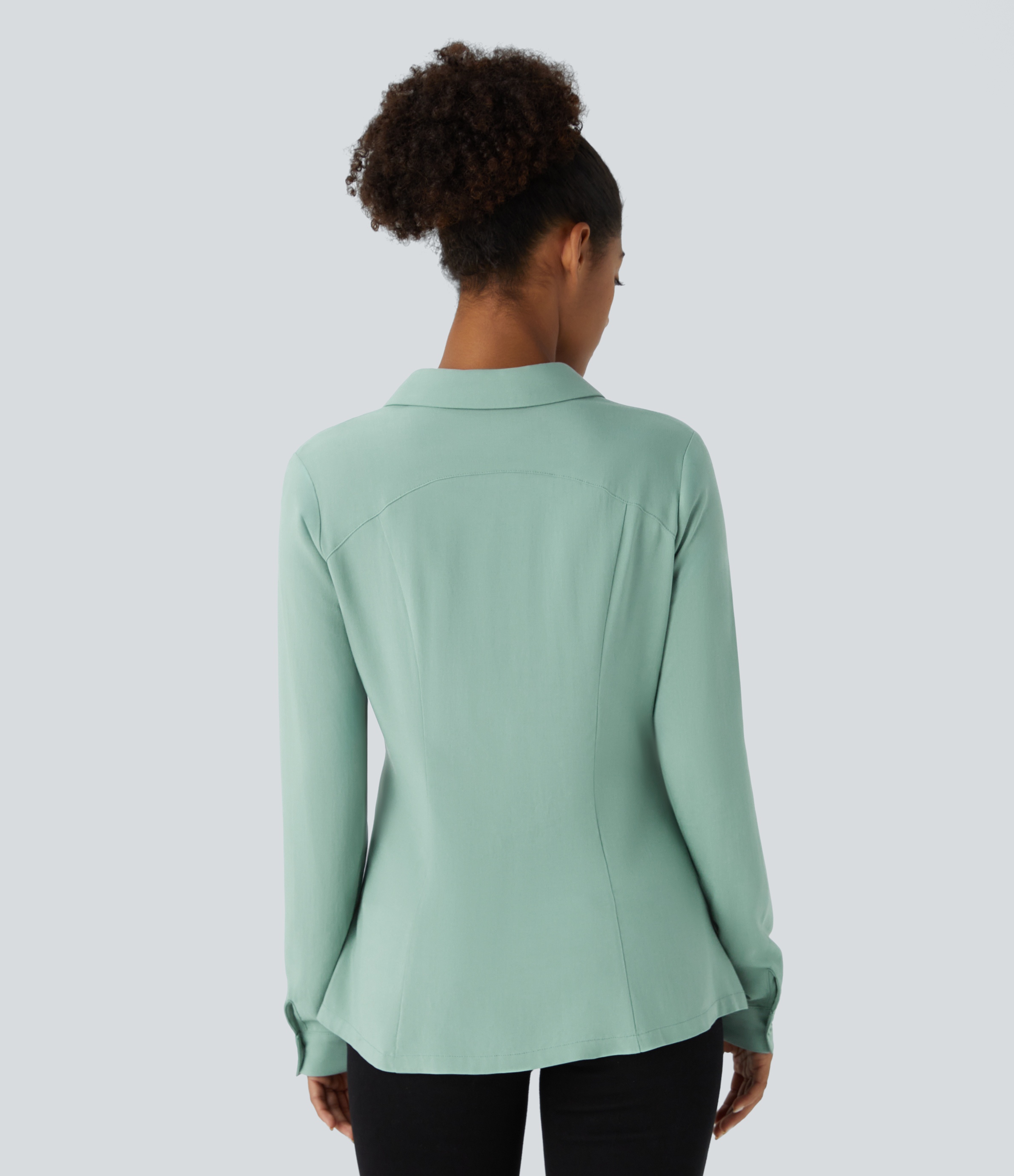 Halara V Neck Long Sleeve Button Slim Casual Shirt  - Smoky Cyan - XS 