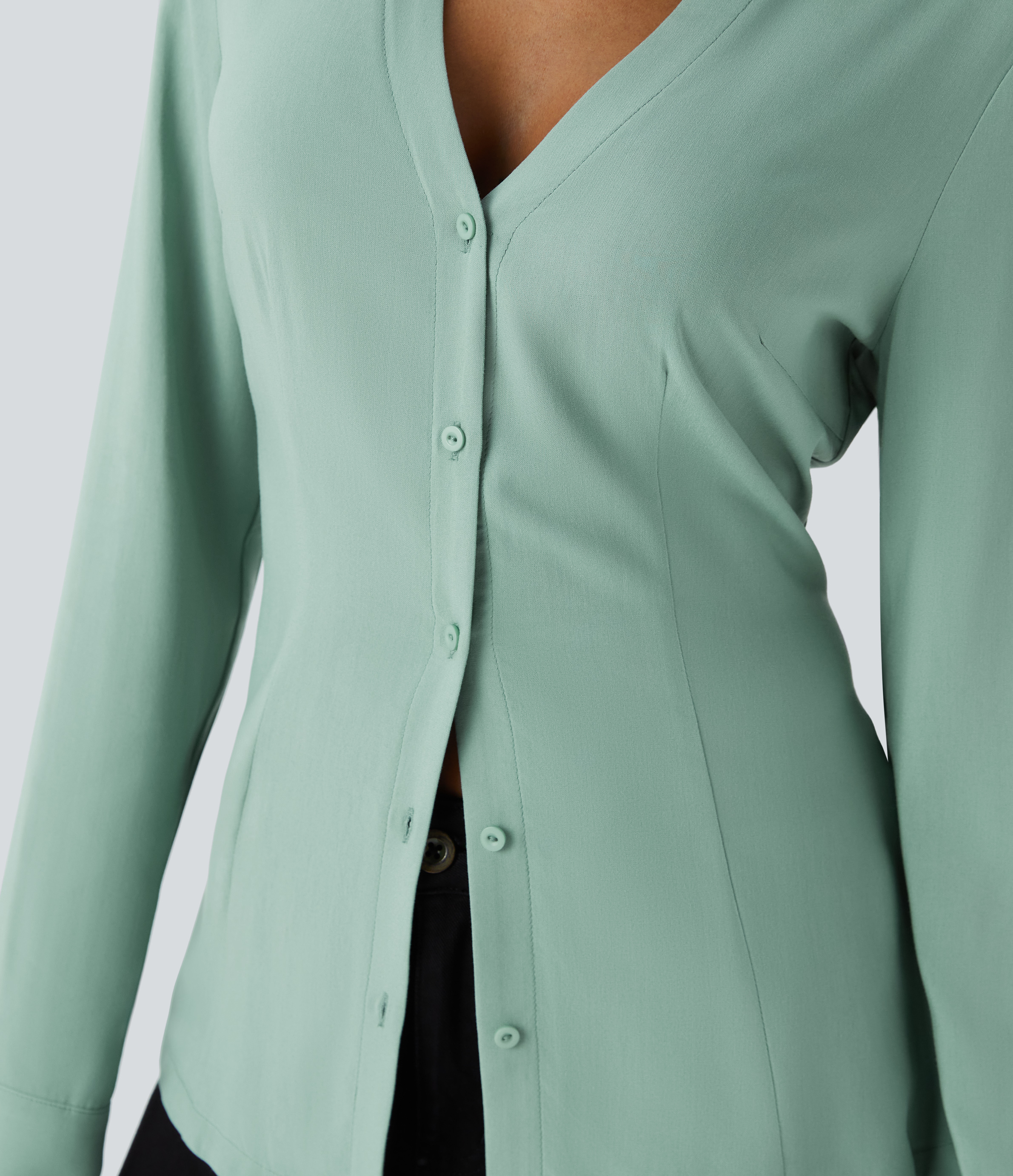Halara V Neck Long Sleeve Button Slim Casual Shirt  - Smoky Cyan - XS 