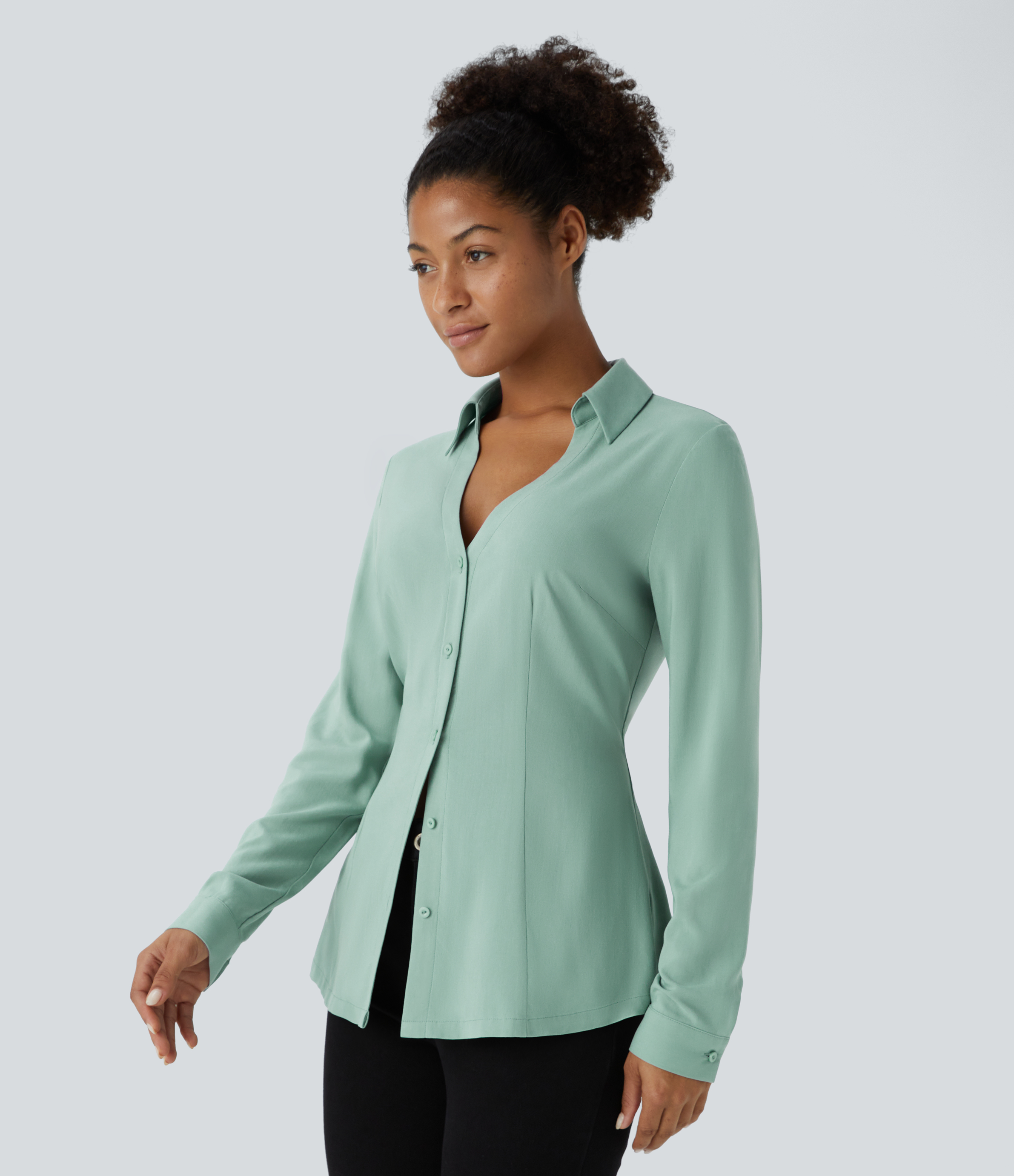 Halara V Neck Long Sleeve Button Slim Casual Shirt  - Smoky Cyan - XS 