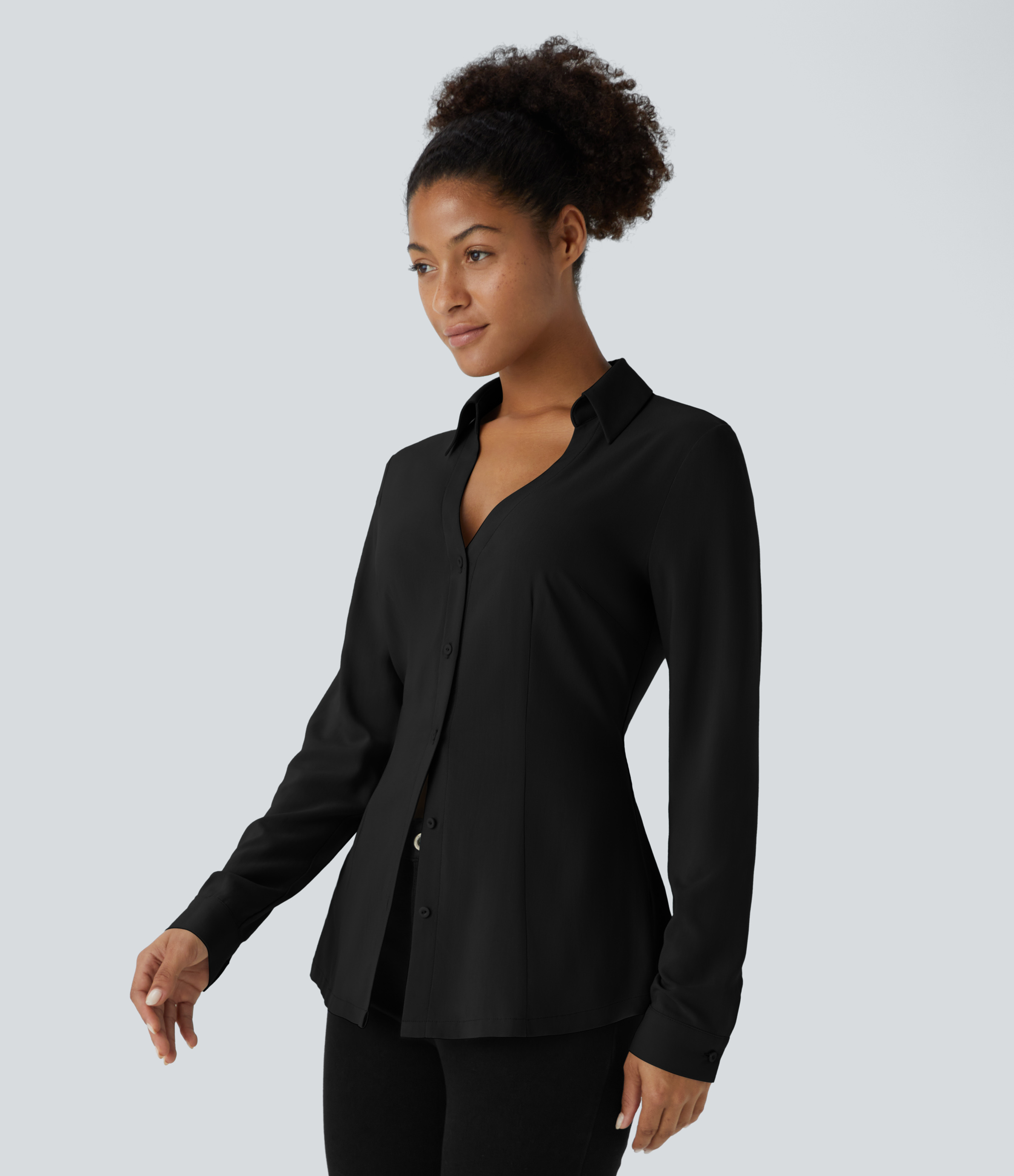 Halara V Neck Long Sleeve Button Slim Casual Shirt  - Black - XL 