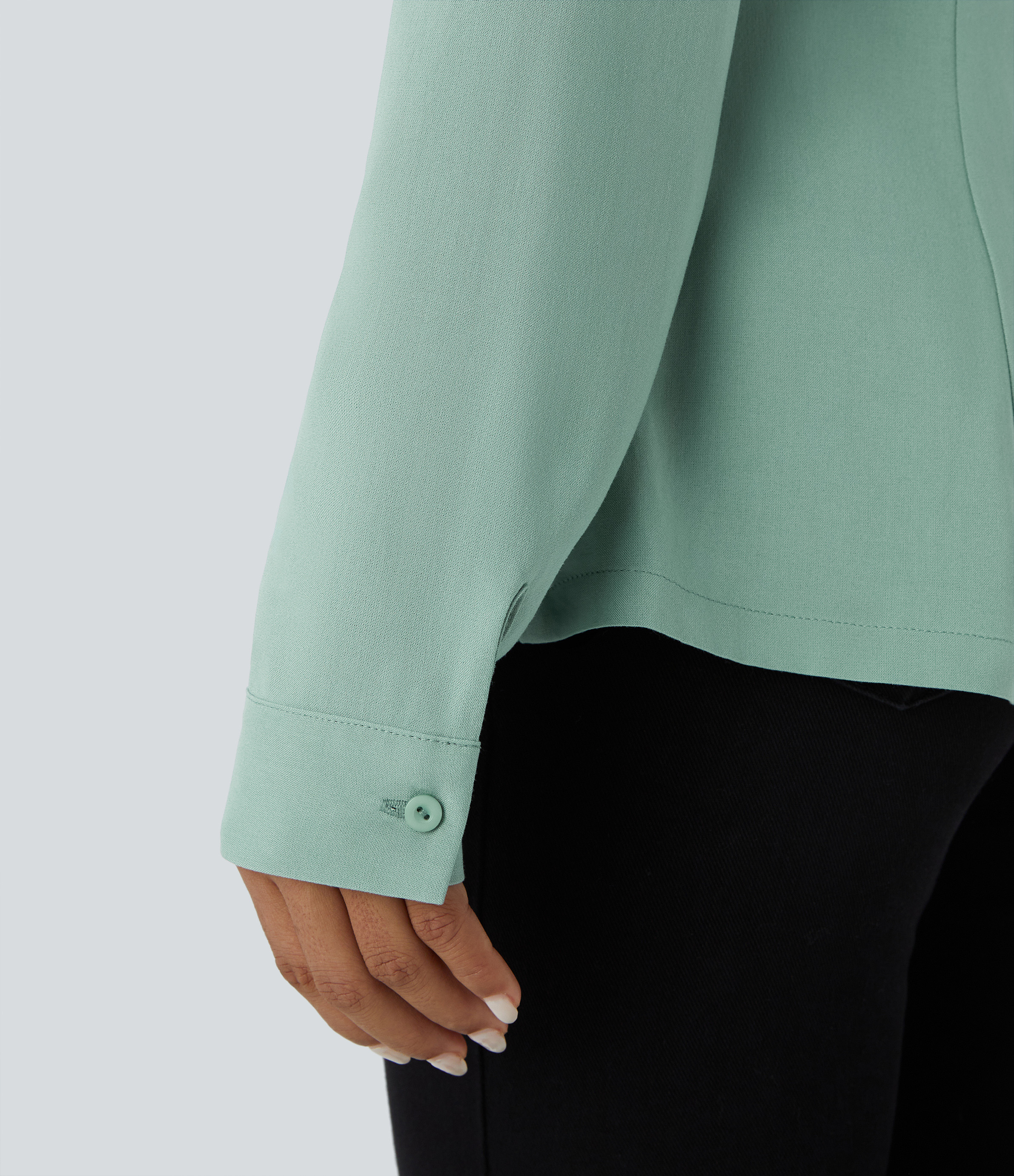 Halara V Neck Long Sleeve Button Slim Casual Shirt  - Smoky Cyan - XS 