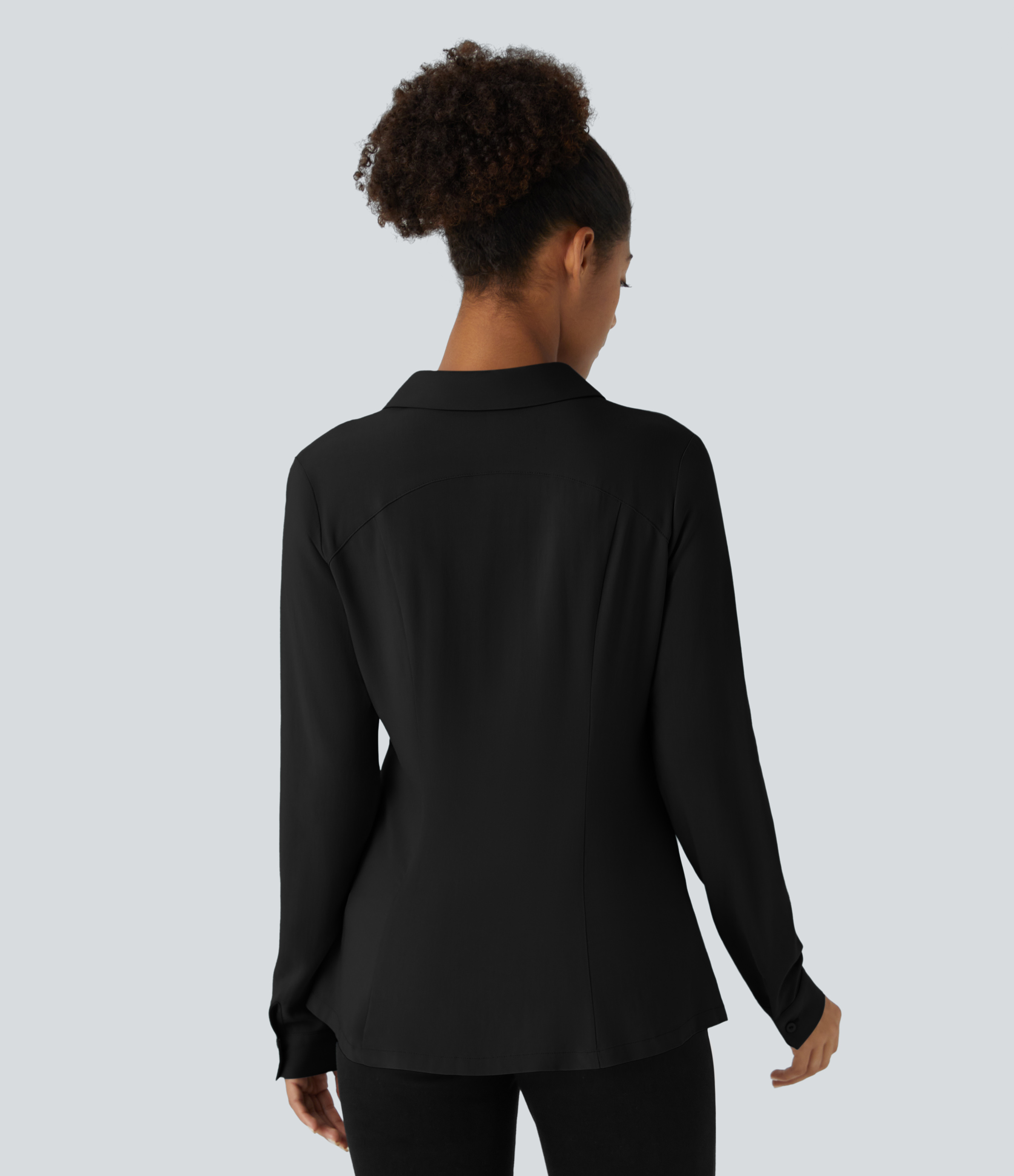 Halara V Neck Long Sleeve Button Slim Casual Shirt  - Black - XL 