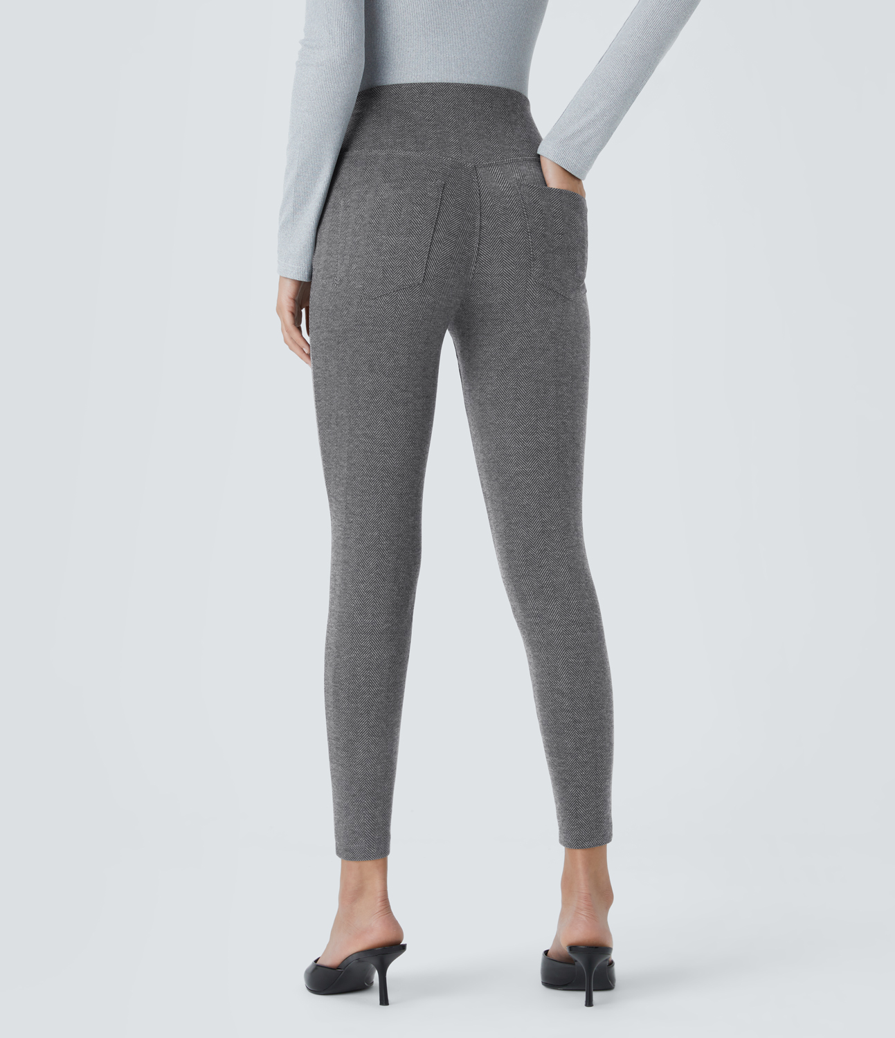 Halara Crossover High Waisted Back Pocket Herringbone Work 7/8 Leggings  - Hemp Black Leaf Texture - S(7/8) 