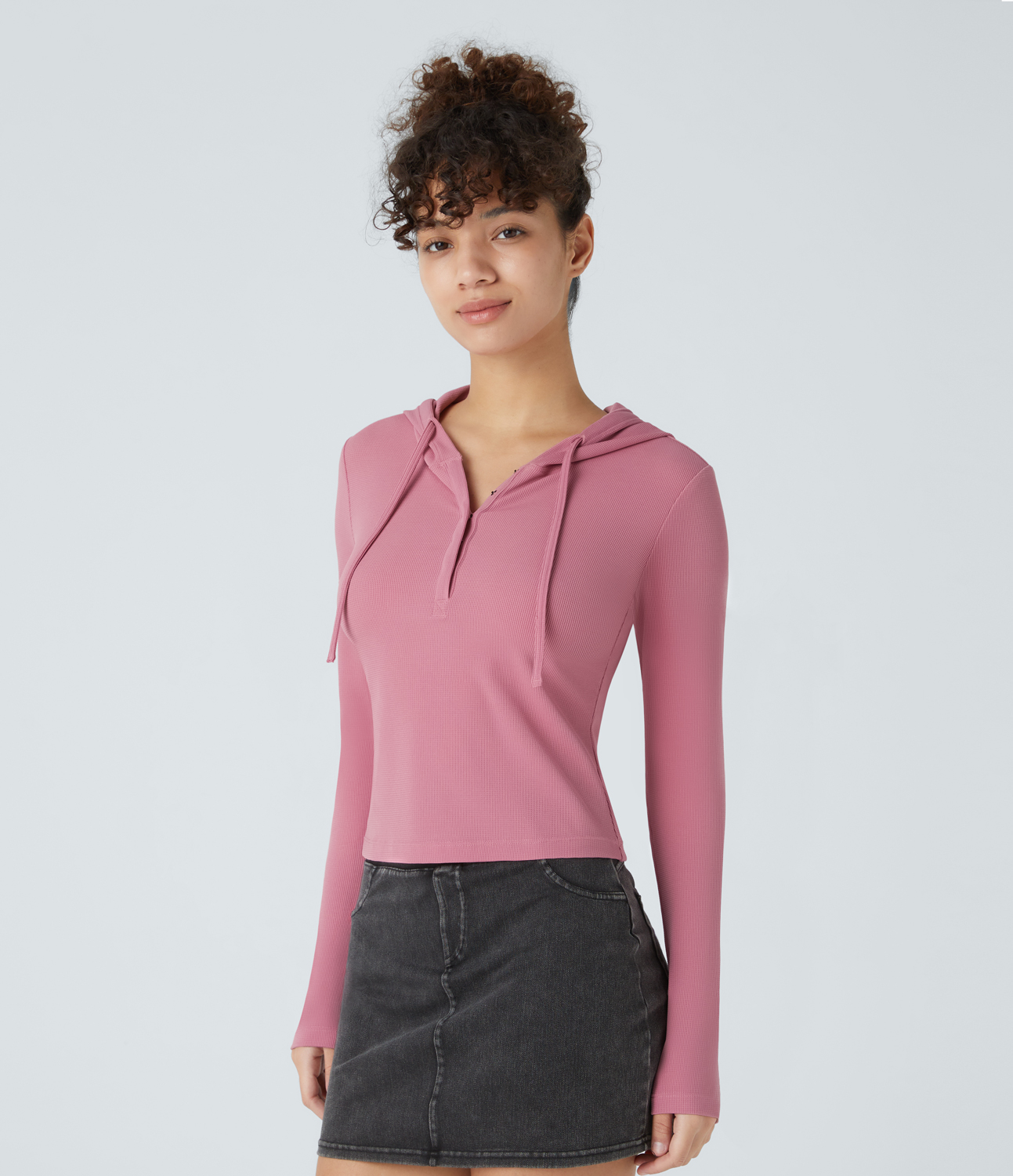 Halara Hooded Drawstring Button Front Long Sleeve Waffle Casual Sweatshirt  - Rouge Pink - XL 