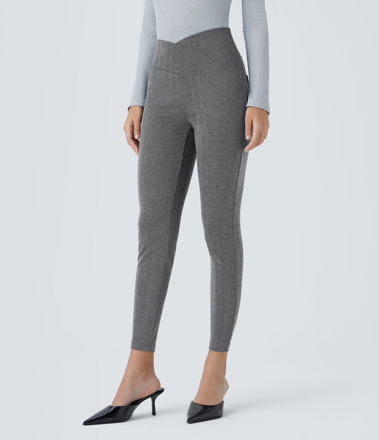 Halara Crossover High Waisted Back Pocket Herringbone Work 7/8 Leggings  - Hemp Black Leaf Texture - S(7/8) 