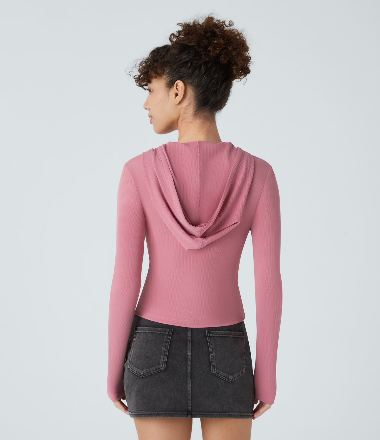 Halara Hooded Drawstring Button Front Long Sleeve Waffle Casual Sweatshirt  - Rouge Pink - XL 