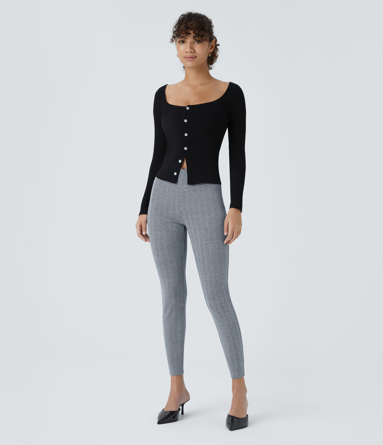 Halara Crossover High Waisted Back Pocket Herringbone Work 7/8 Leggings  - Ship Blue Leaf Texture - S(7/8) 