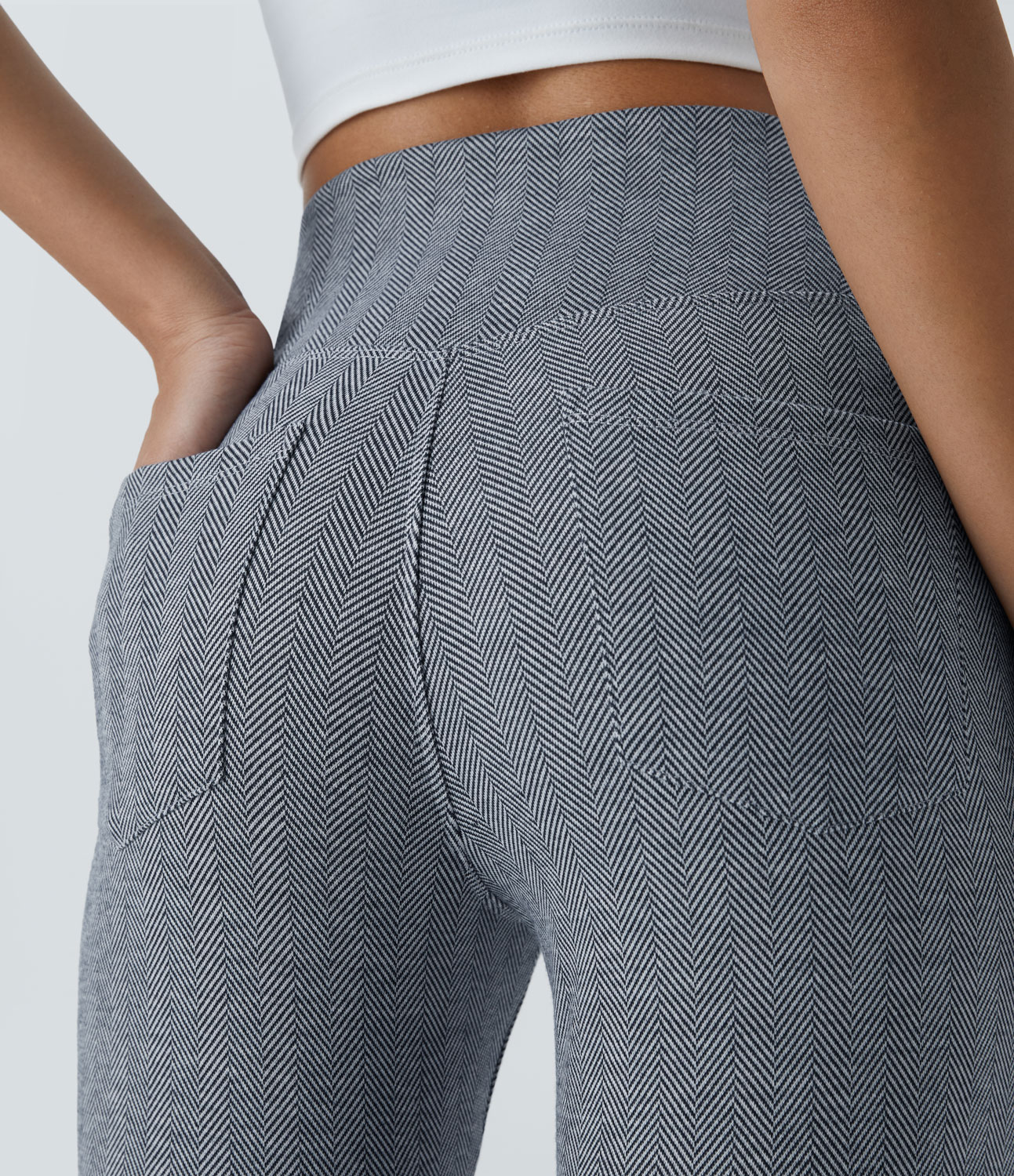 Halara Crossover High Waisted Back Pocket Herringbone Work 7/8 Leggings  - Ship Blue Leaf Texture - S(7/8) 
