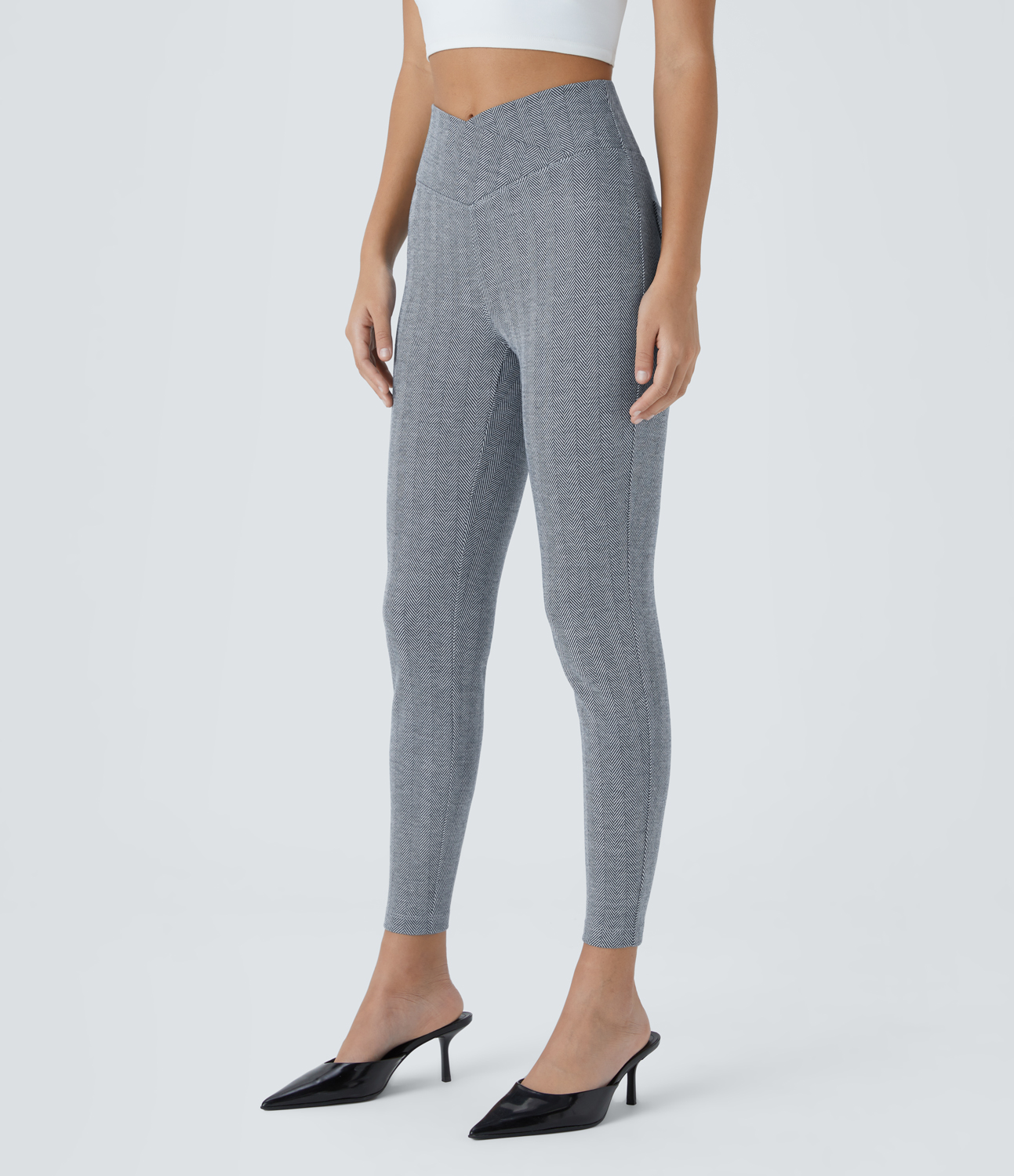 Halara Crossover High Waisted Back Pocket Herringbone Work 7/8 Leggings  - Ship Blue Leaf Texture - S(7/8) 