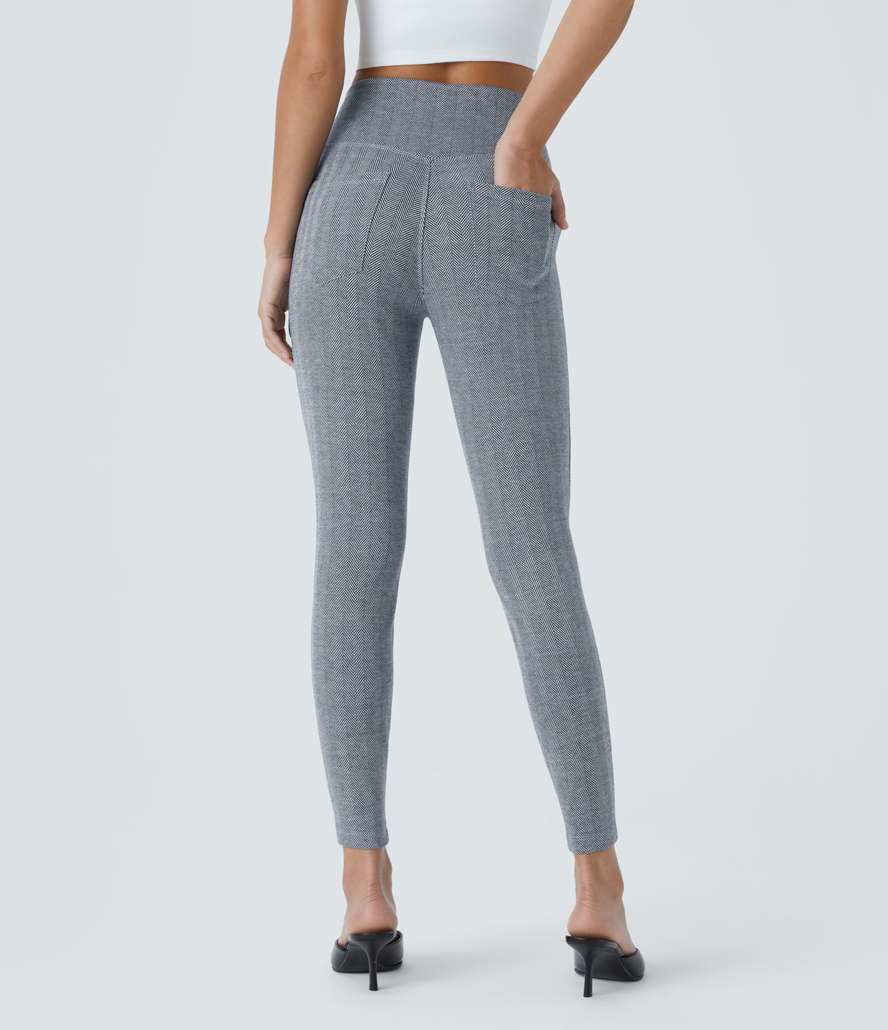 Halara Crossover High Waisted Back Pocket Herringbone Work 7/8 Leggings  - Ship Blue Leaf Texture - S(7/8) 