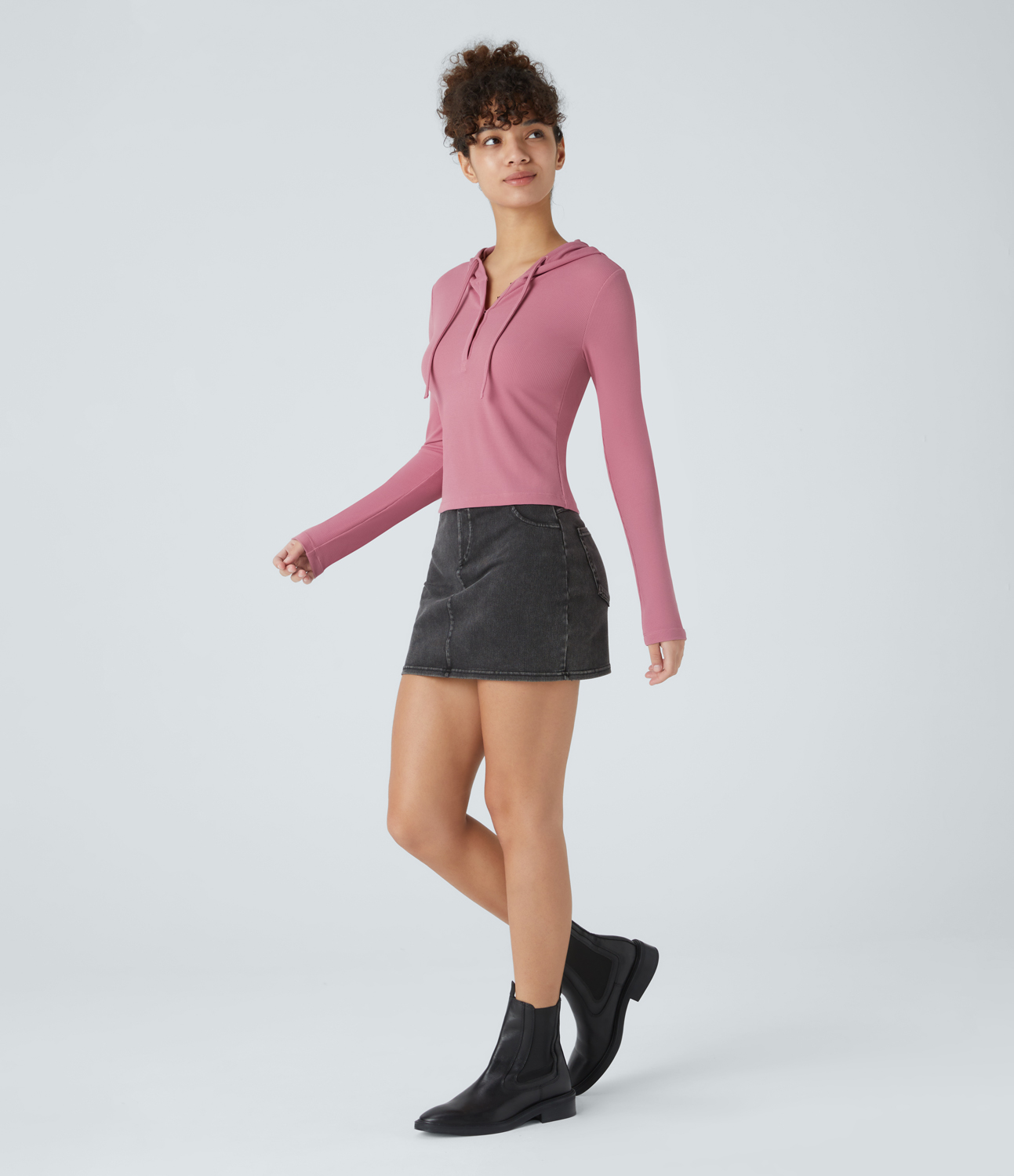 Halara Hooded Drawstring Button Front Long Sleeve Waffle Casual Sweatshirt  - Rouge Pink - XL 