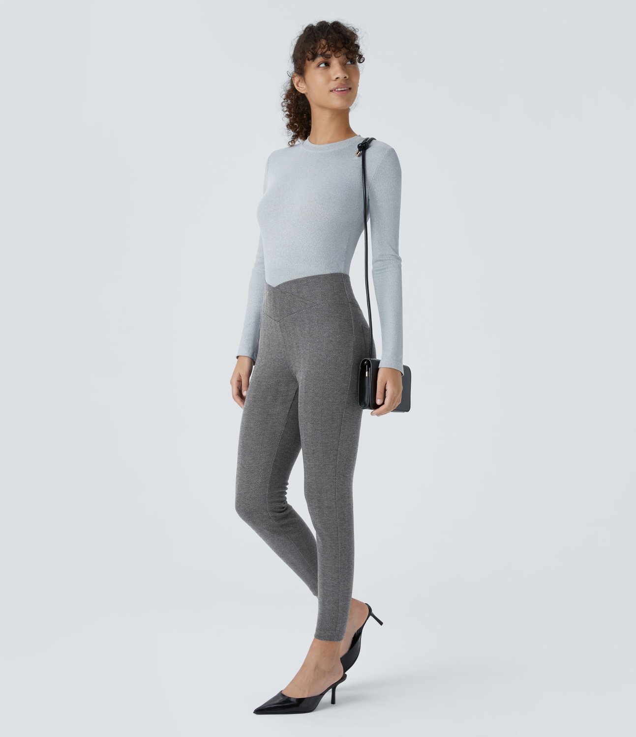 Halara Crossover High Waisted Back Pocket Herringbone Work 7/8 Leggings  - Hemp Black Leaf Texture - S(7/8) 