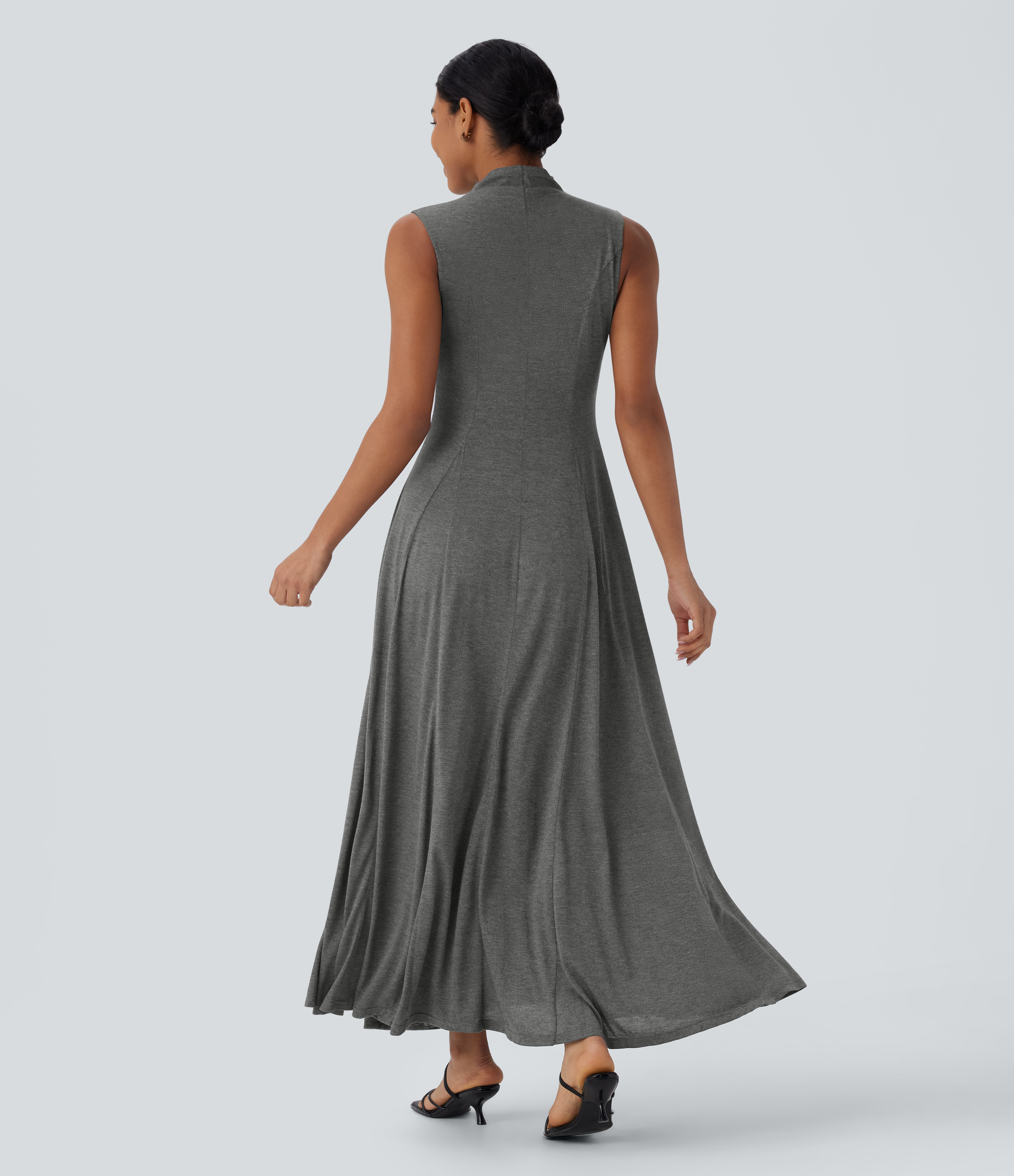 Halara Stand Collar Sleeveless Flowy Midi Resort Dress Casual Dress - Darl Gray Floral Yarn - XS slip dress beach dress ruched dress 